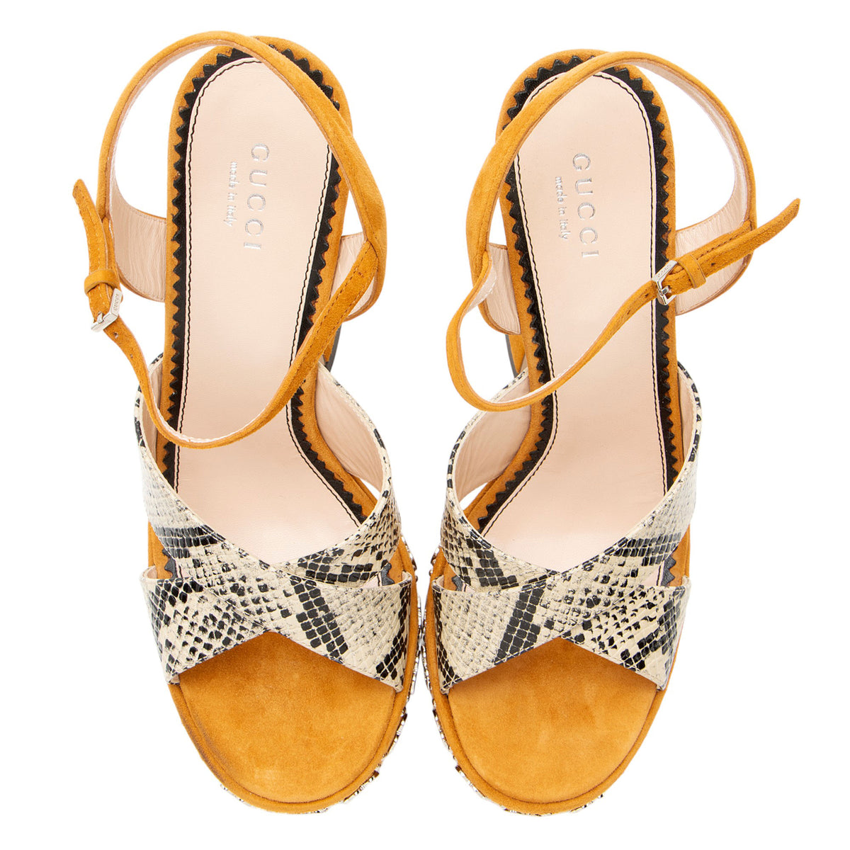 Gucci Suede Python Embossed Leather GG Embellished Platform Sandals - Size 7 / 37