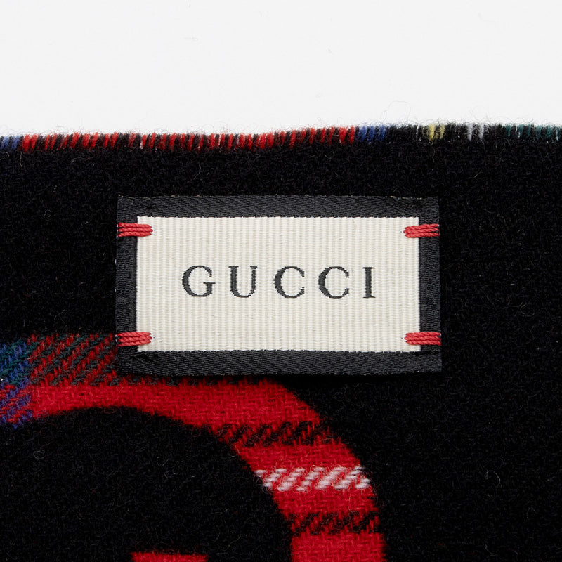Gucci Wool Cashmere Check Logo Reversible Scarf (SHF-gMwPXo)