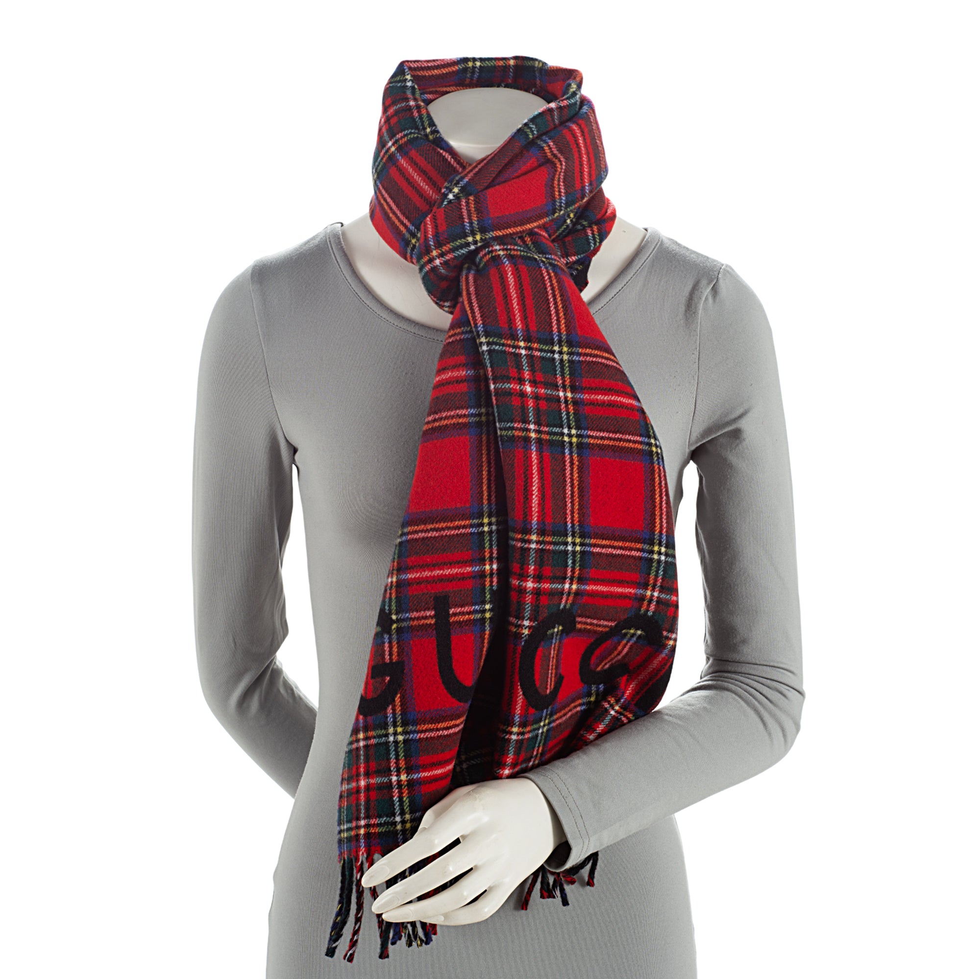 Gucci Wool Cashmere Check Logo Reversible Scarf (SHF-gMwPXo)