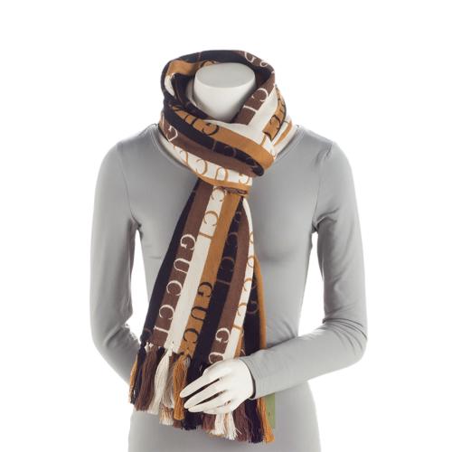 Gucci Wool Cotton Logo Wood Stripes Scarf (SHF-7qGmqB)