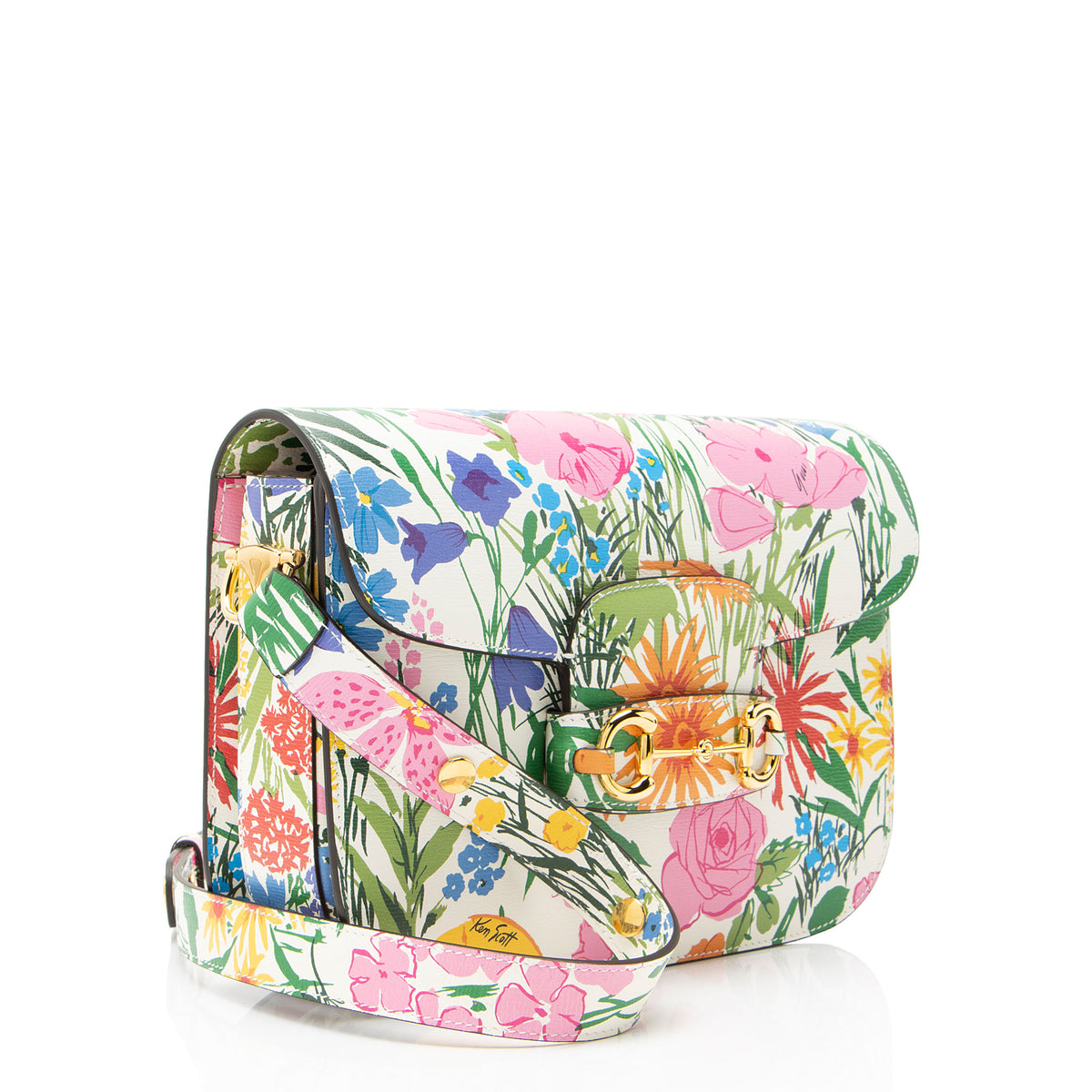 Gucci x Ken Scott Leather Floral Horsebit 1955 Medium Shoulder Bag