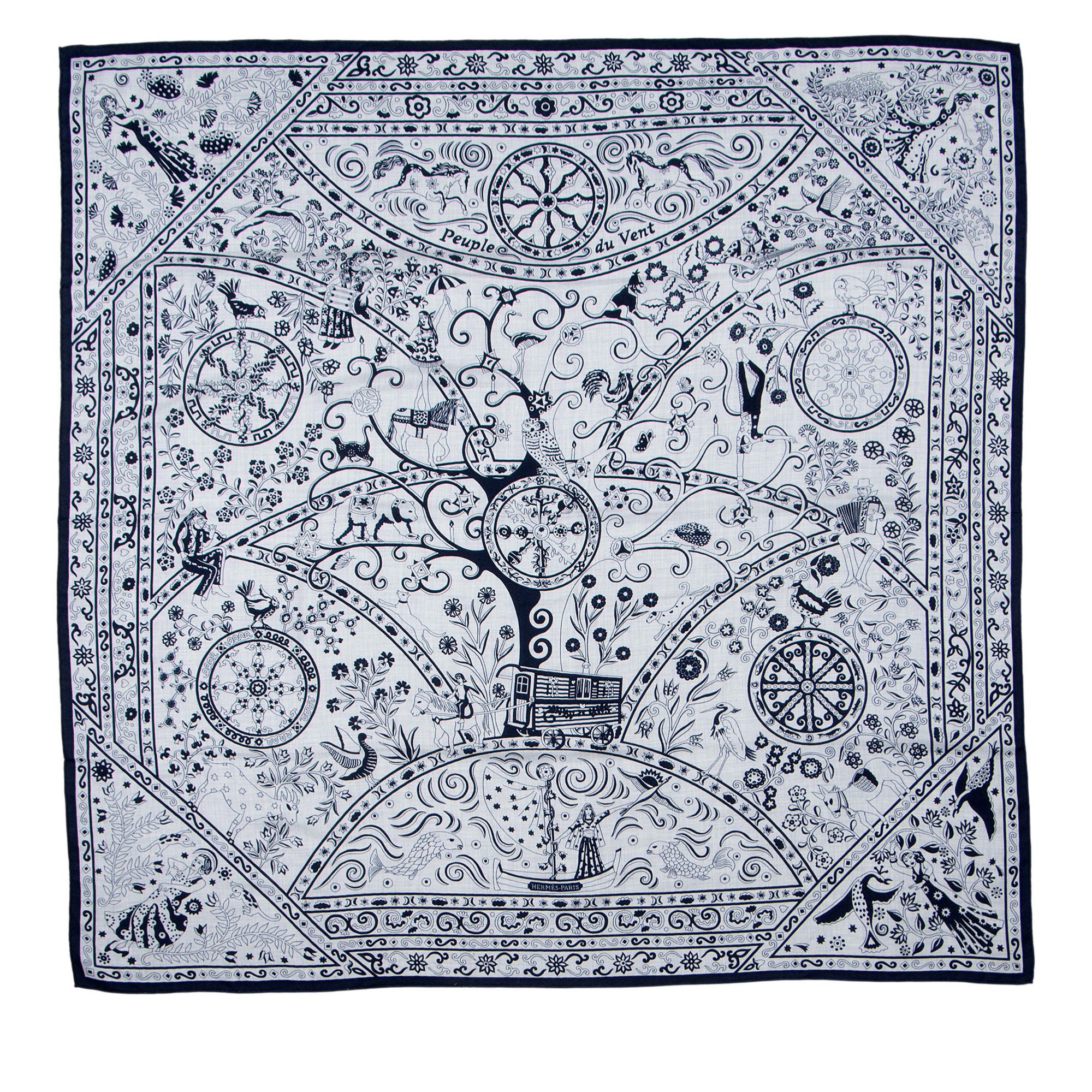 Hermes Silk Cashmere Peuple du Vent 140cm Shawl