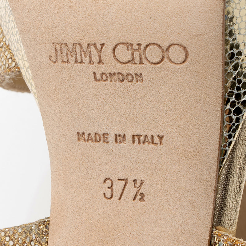 Jimmy Choo Metallic Leather Glitter Lame Crisscross Vamp Platform Sandals - Size 7.5 / 37.5 (SHF-eS7de1)
