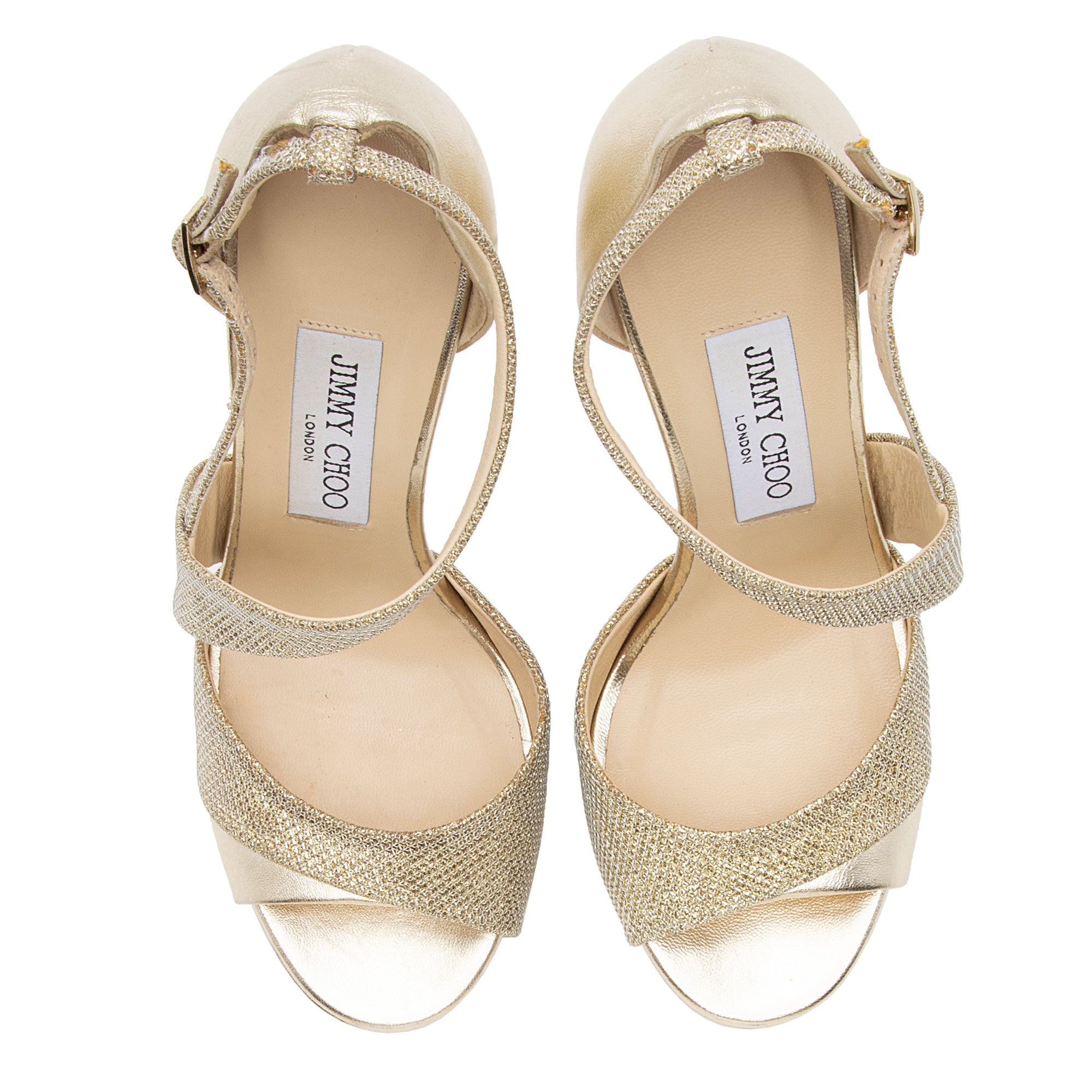 Jimmy Choo Metallic Leather Glitter Lame Tyne Peep Toe Pumps - Size 7 / 37 (SHF-Y1uCdN)