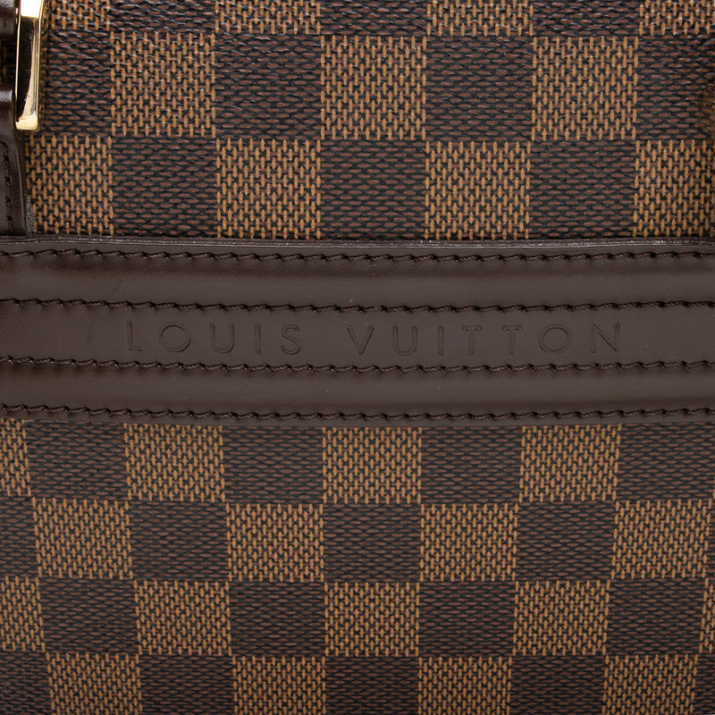 LOUIS VUITTON DAMIER NOLITA BOWLING BAG, with iconic damier pattern, brown  leather handles and trims, gold tone hardware, open front pocket and zip  around closure, with padlock (no keys) and dust bag