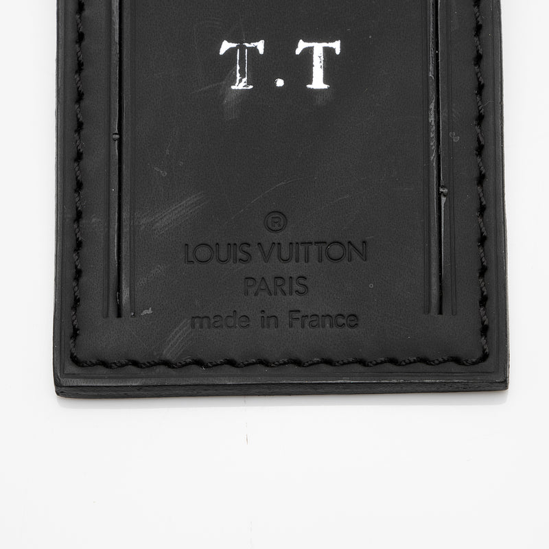 Authentic Louis Vuitton Large Black Leather Luggage Tag w/Silver hw T.I  Stamp