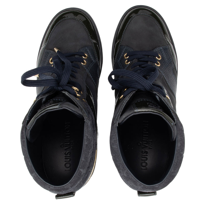 Louis Vuitton Black Leather And Embossed Monogram Suede Millenium Wedge  Sneakers