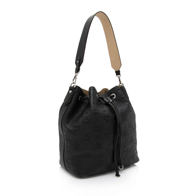 Mcm Aren Small Monogram Leather Hobo Bag Black