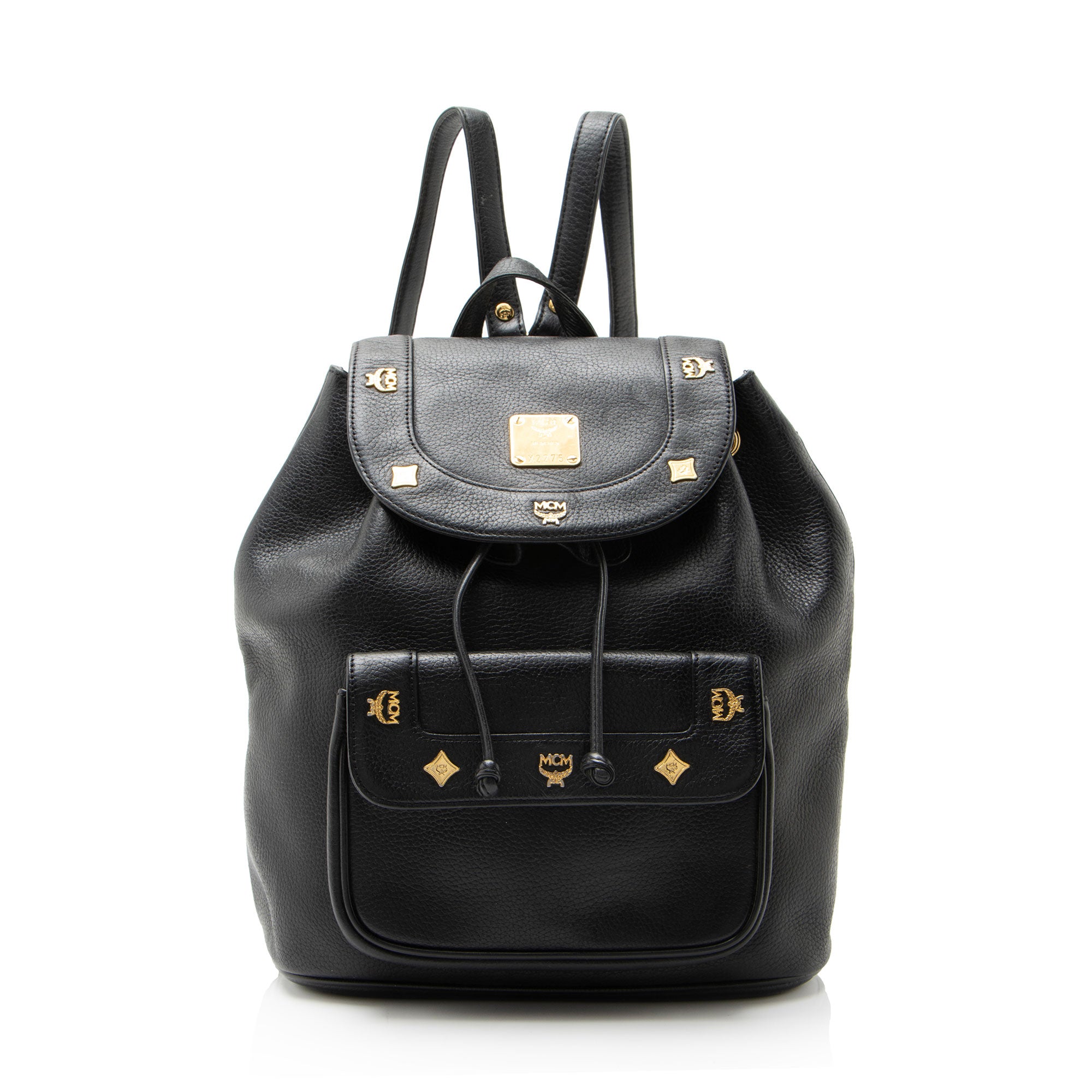 MCM Vintage Leather Logo Charms Drawstring Backpack