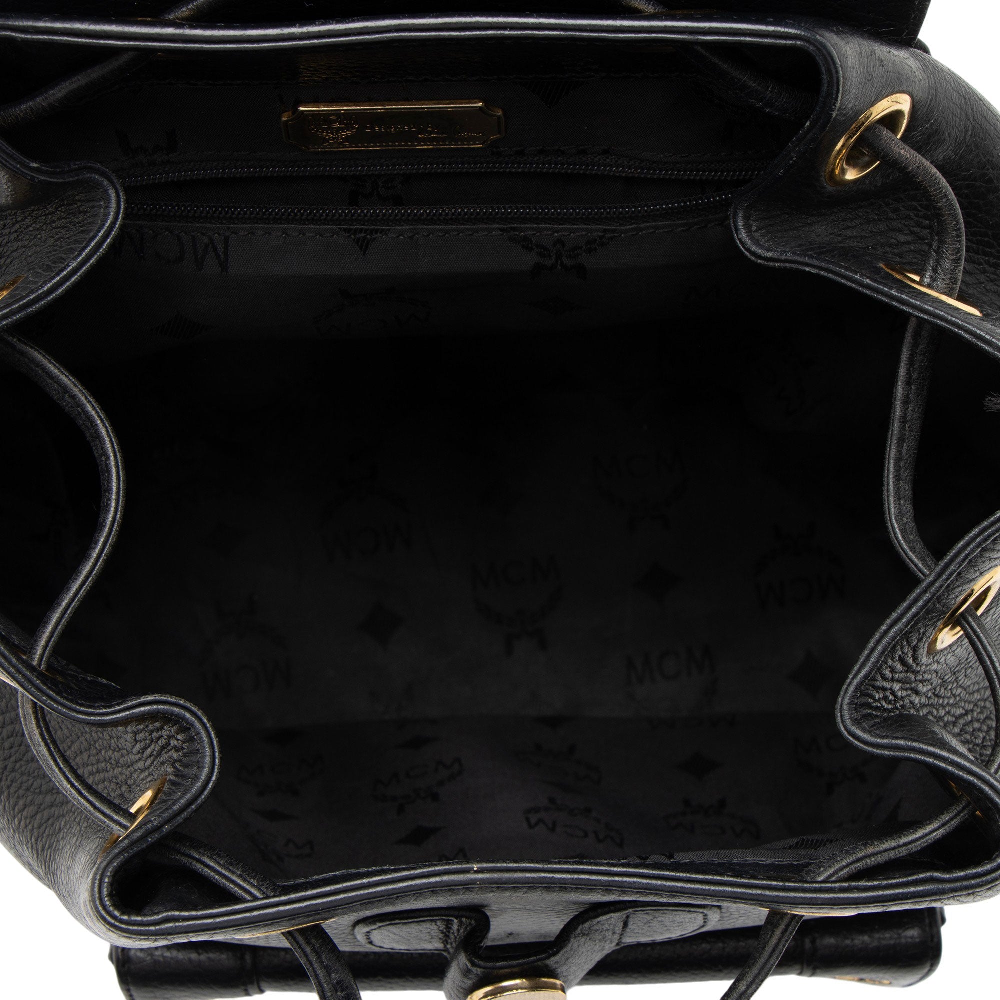 MCM Vintage Leather Logo Charms Drawstring Backpack