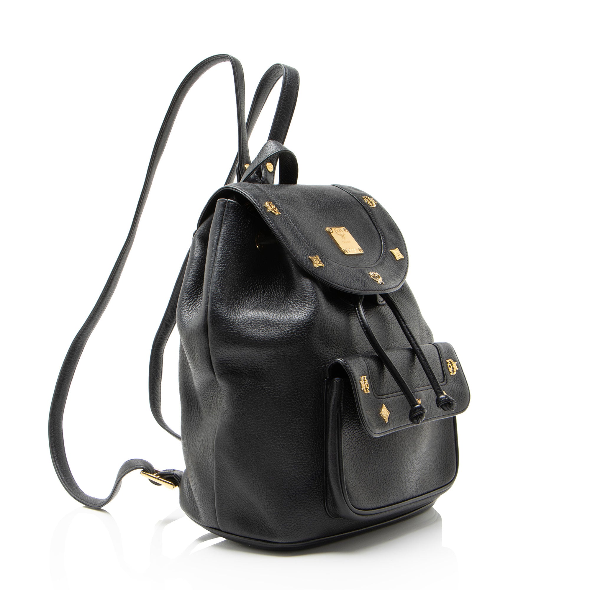 MCM Vintage Leather Logo Charms Drawstring Backpack