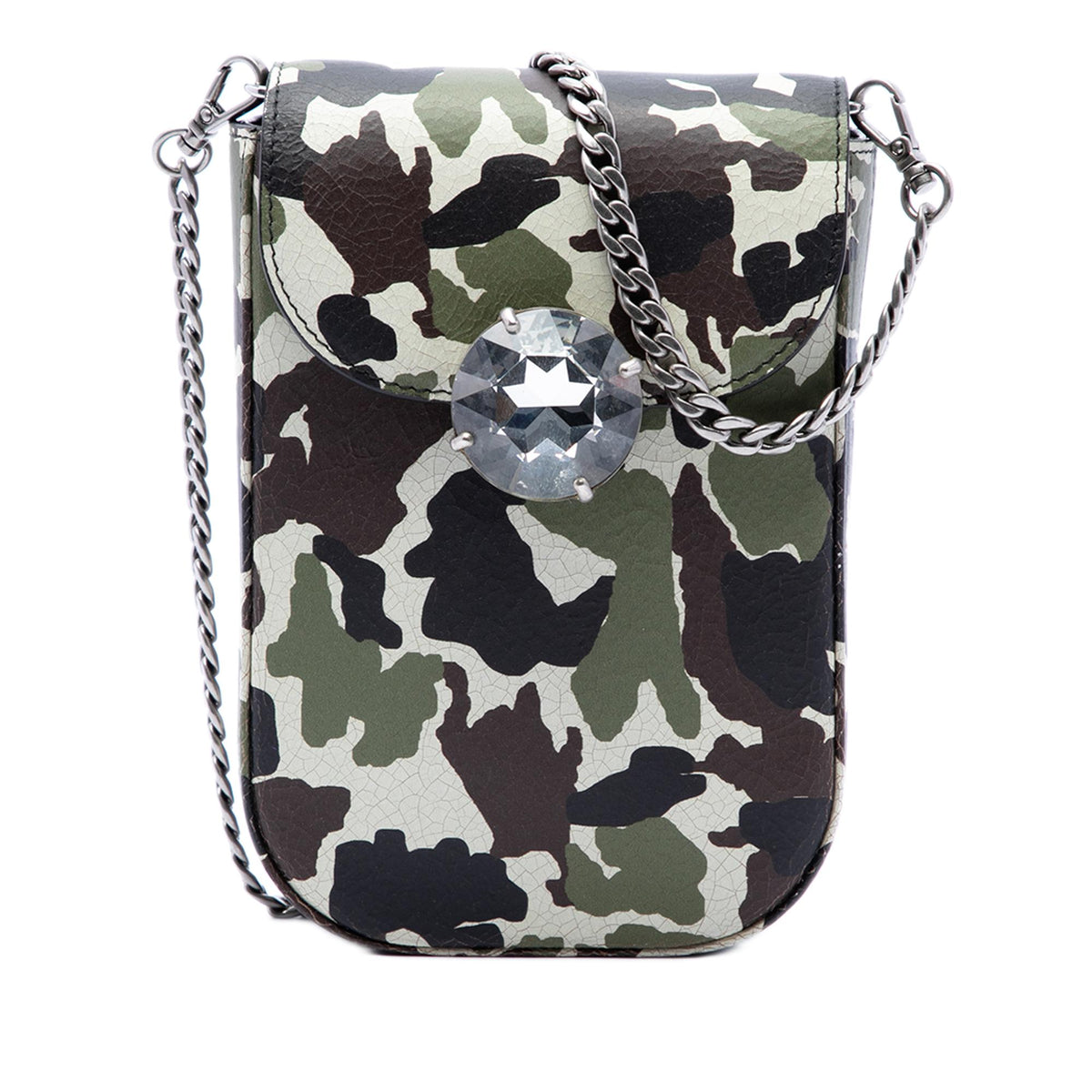 Miu Miu Crystal Embellished Camouflage Print Calfskin Phone Case Crossbody