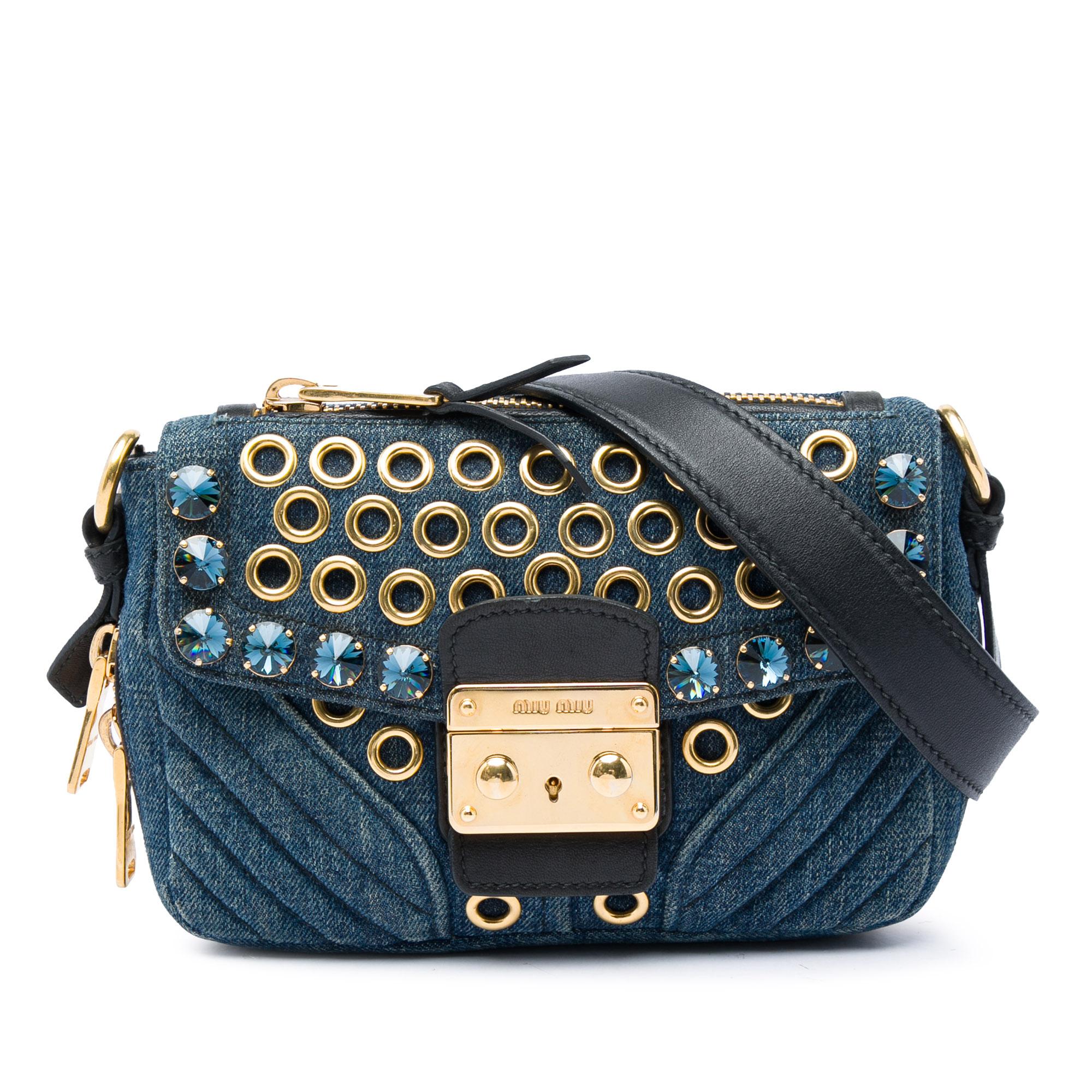 Miu Miu Denim Grommet and Crystal Embellished Biker Crossbody