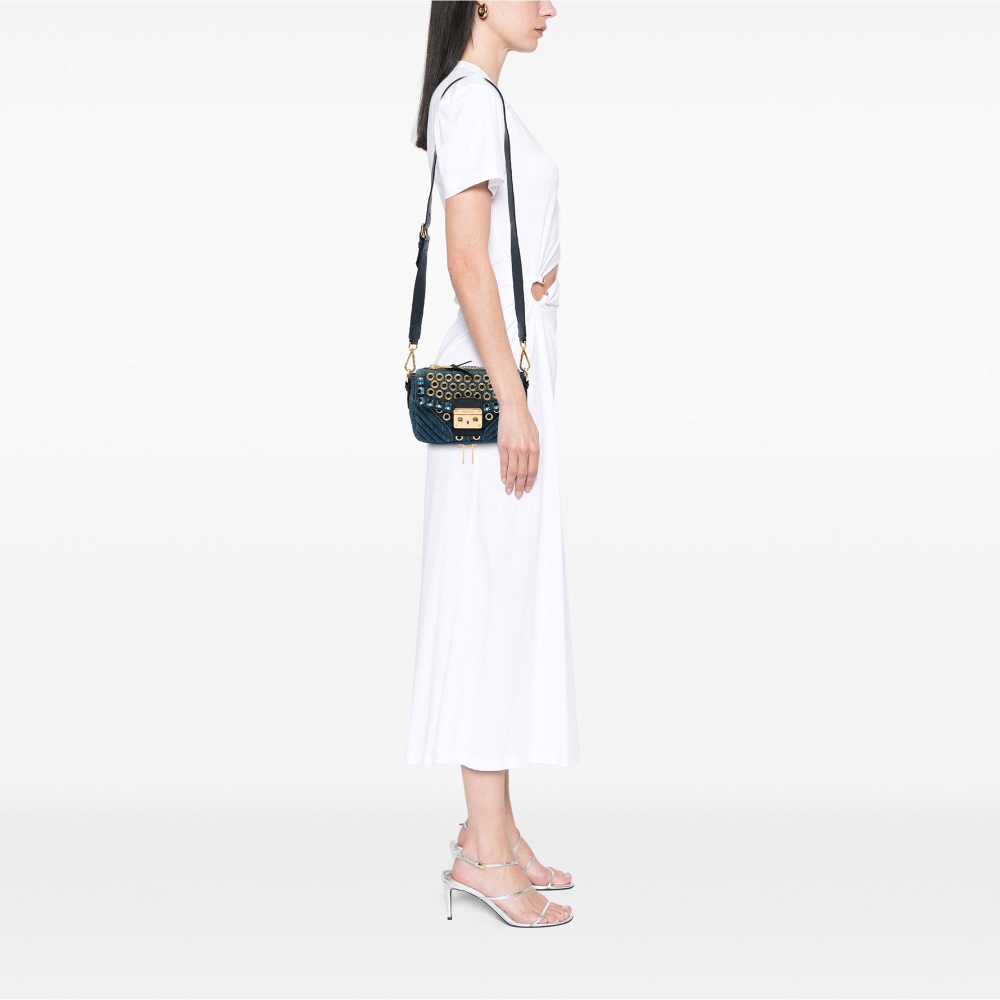 Miu Miu Denim Grommet and Crystal Embellished Biker Crossbody