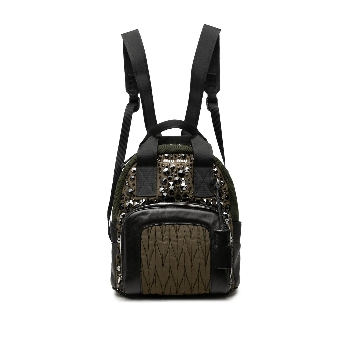 Miu Miu Leather Trimmed Crystal Embellished Matelasse Nylon Backpack