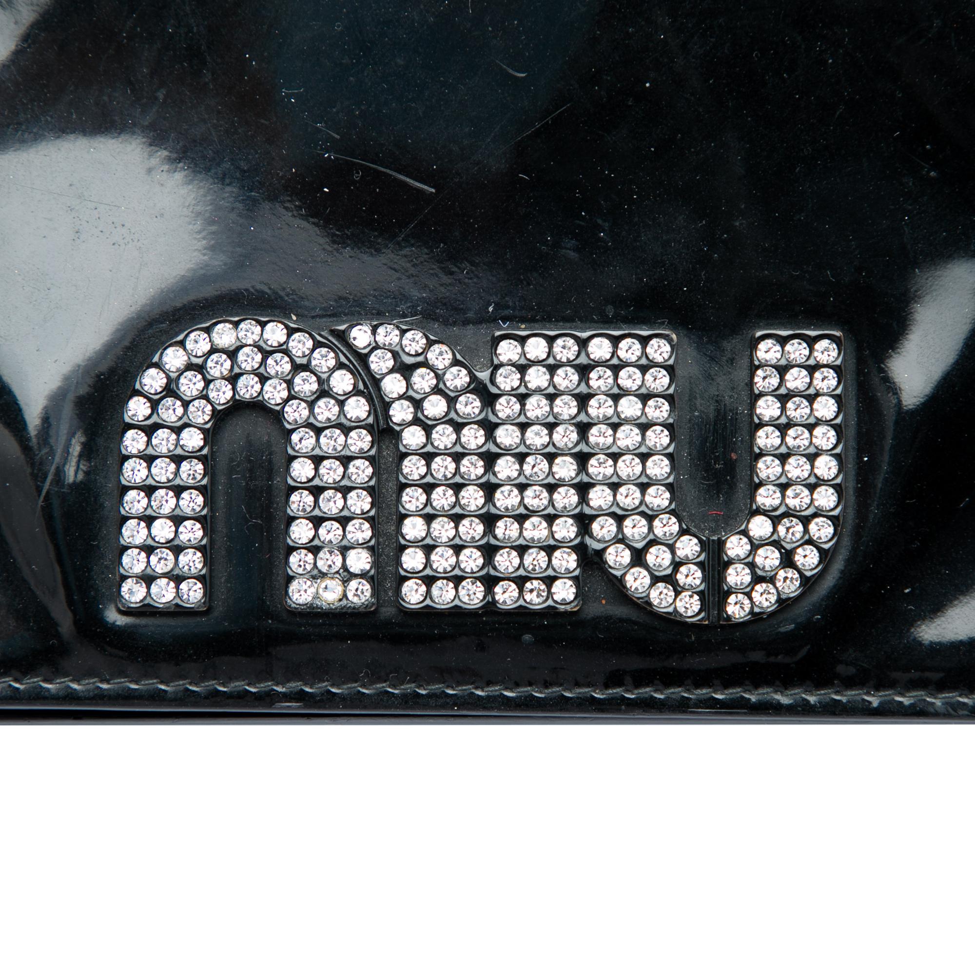 Miu Miu Patent Crystal Embellished Logo Wallet On Chain