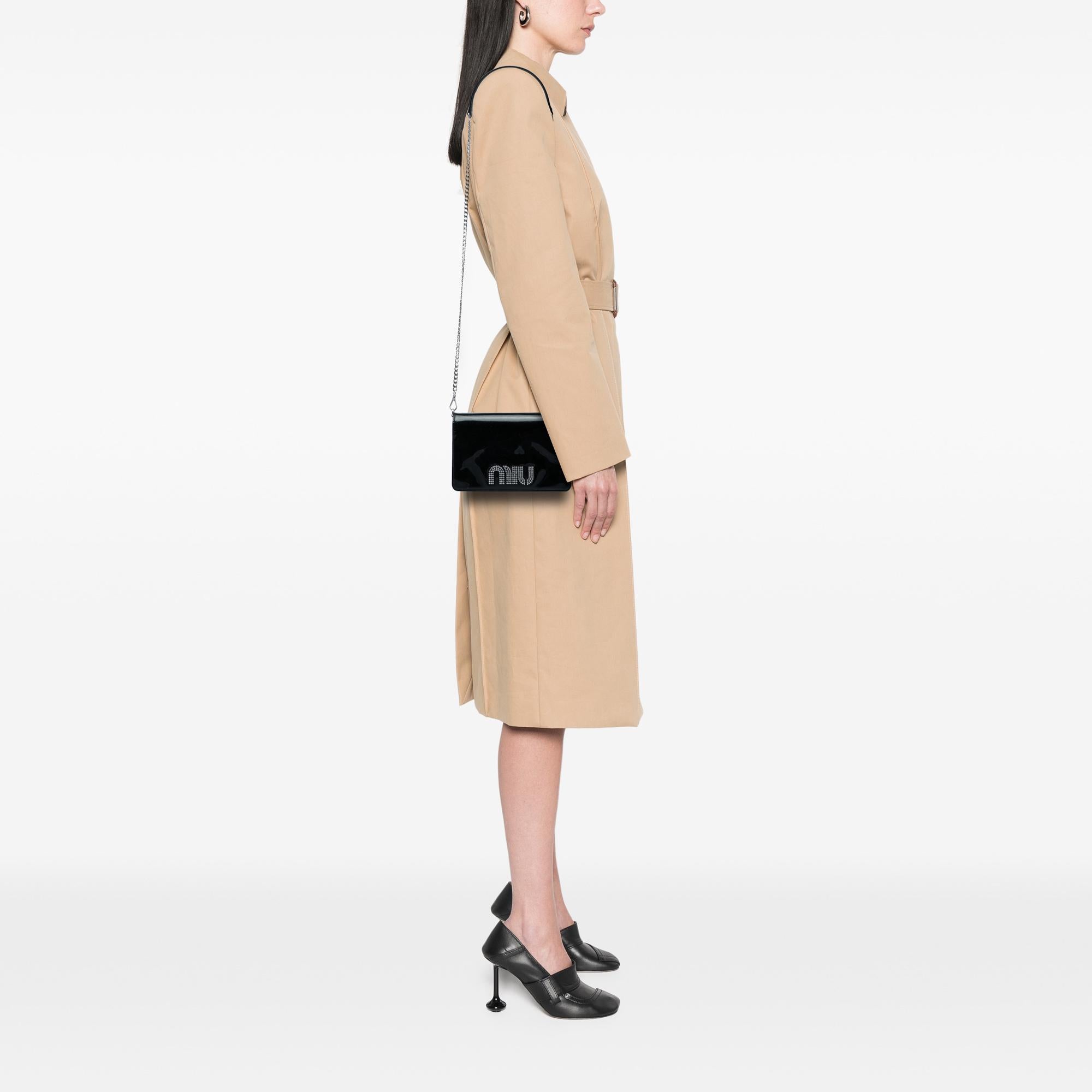 Miu Miu Patent Crystal Embellished Logo Wallet On Chain