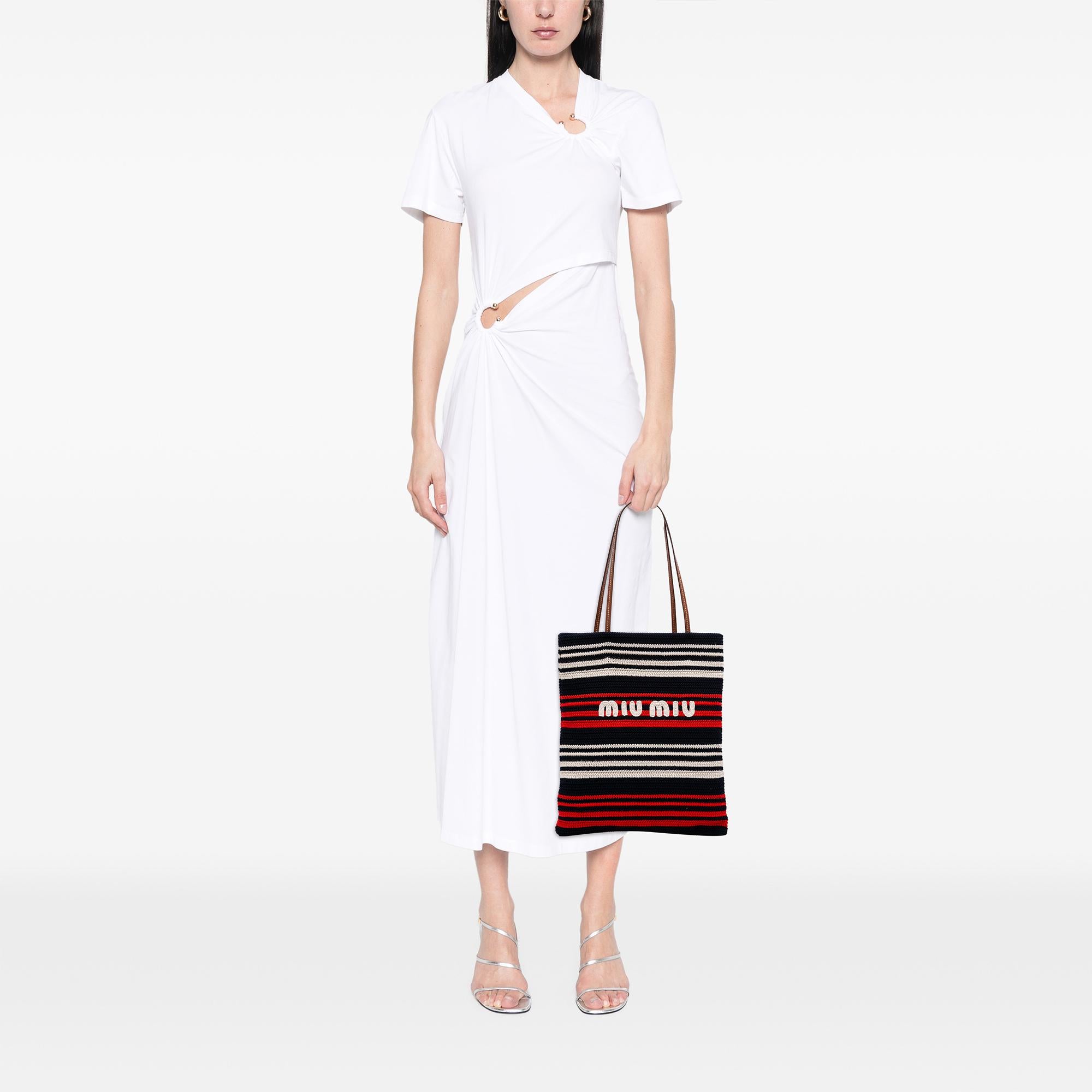 Miu Miu Tricolor Cotton Crochet Logo Striped Vertical Tote