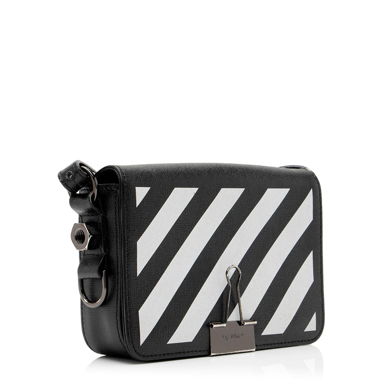 Off White Binder Clip Flap Bag Striped Leather Mini Black