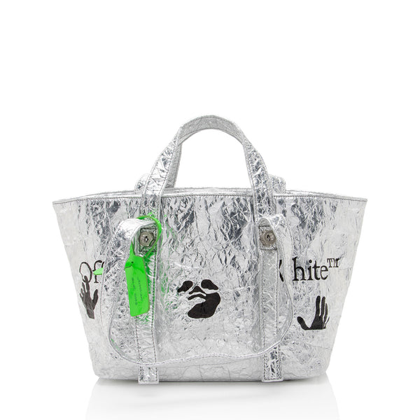 Off-White Metallic Leather Commercial Hand Off Tote (SHF-neYMTS)