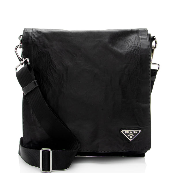 Prada Aged Calfskin Flap Messenger Bag (SHF-D2J23z)