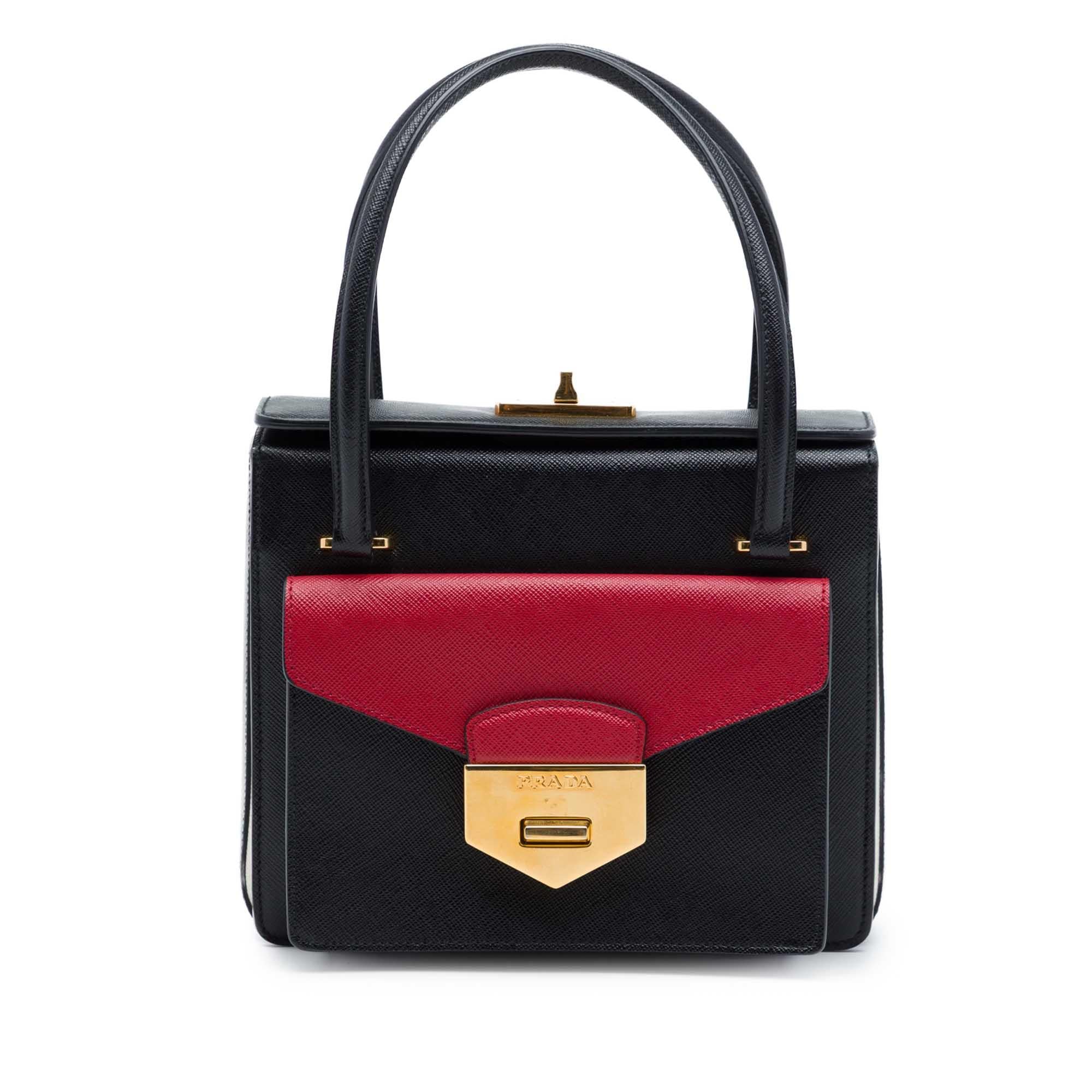 Prada Bicolor Saffiano Double Turn Lock Top Handle Bag
