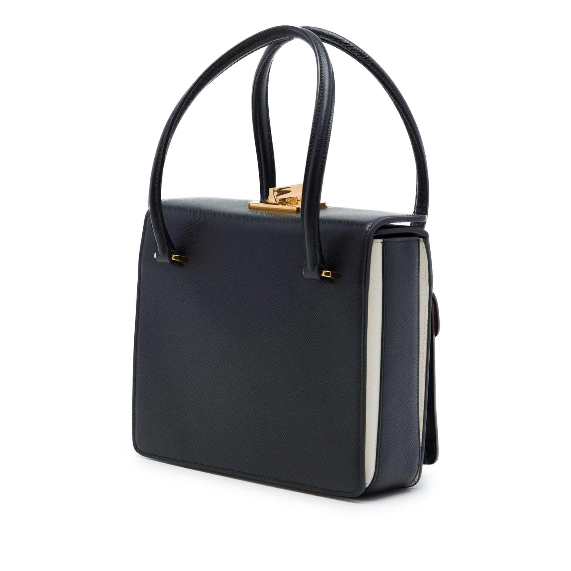 Prada Bicolor Saffiano Double Turn Lock Top Handle Bag