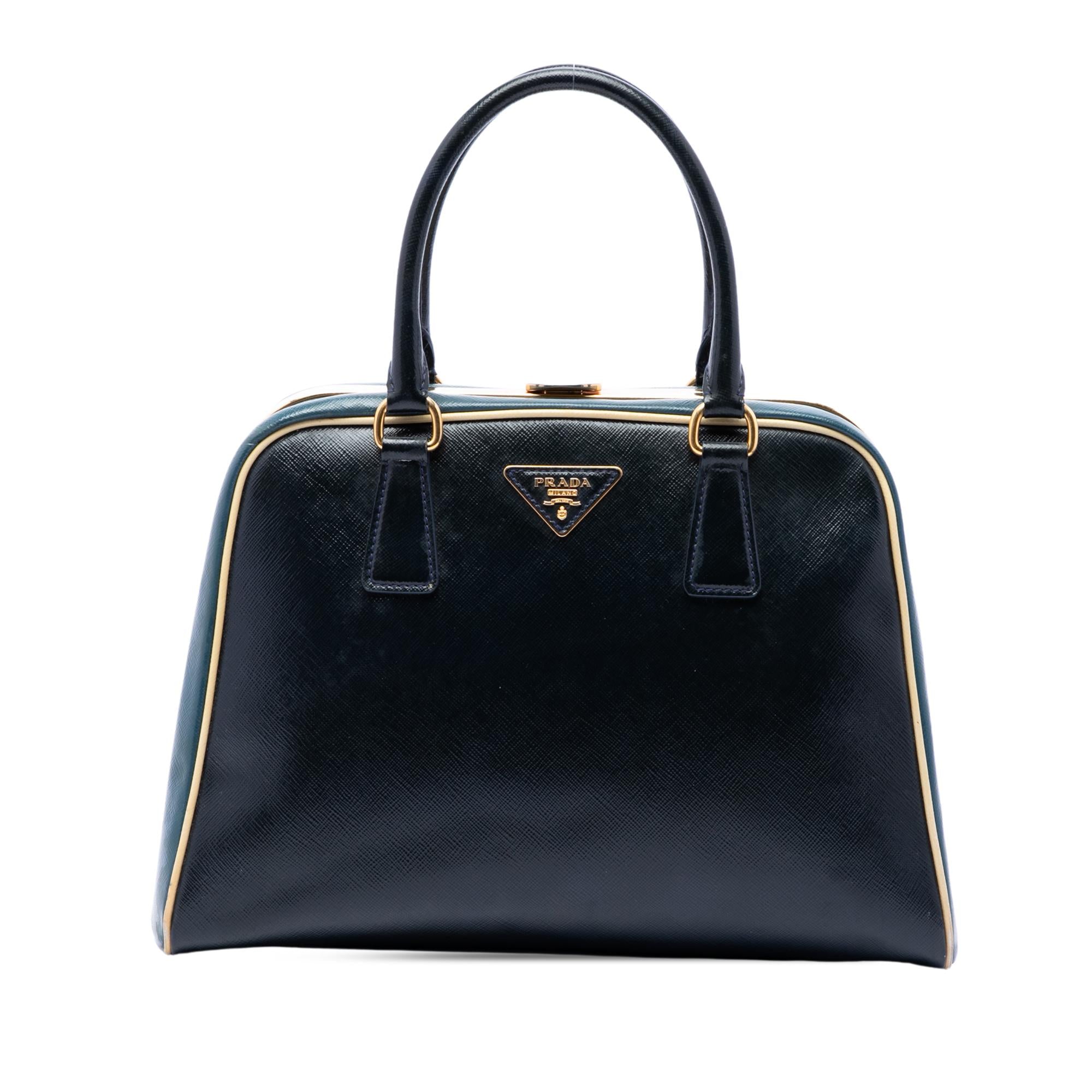Prada Bicolor Saffiano Vernice Pyramid Frame Handbag