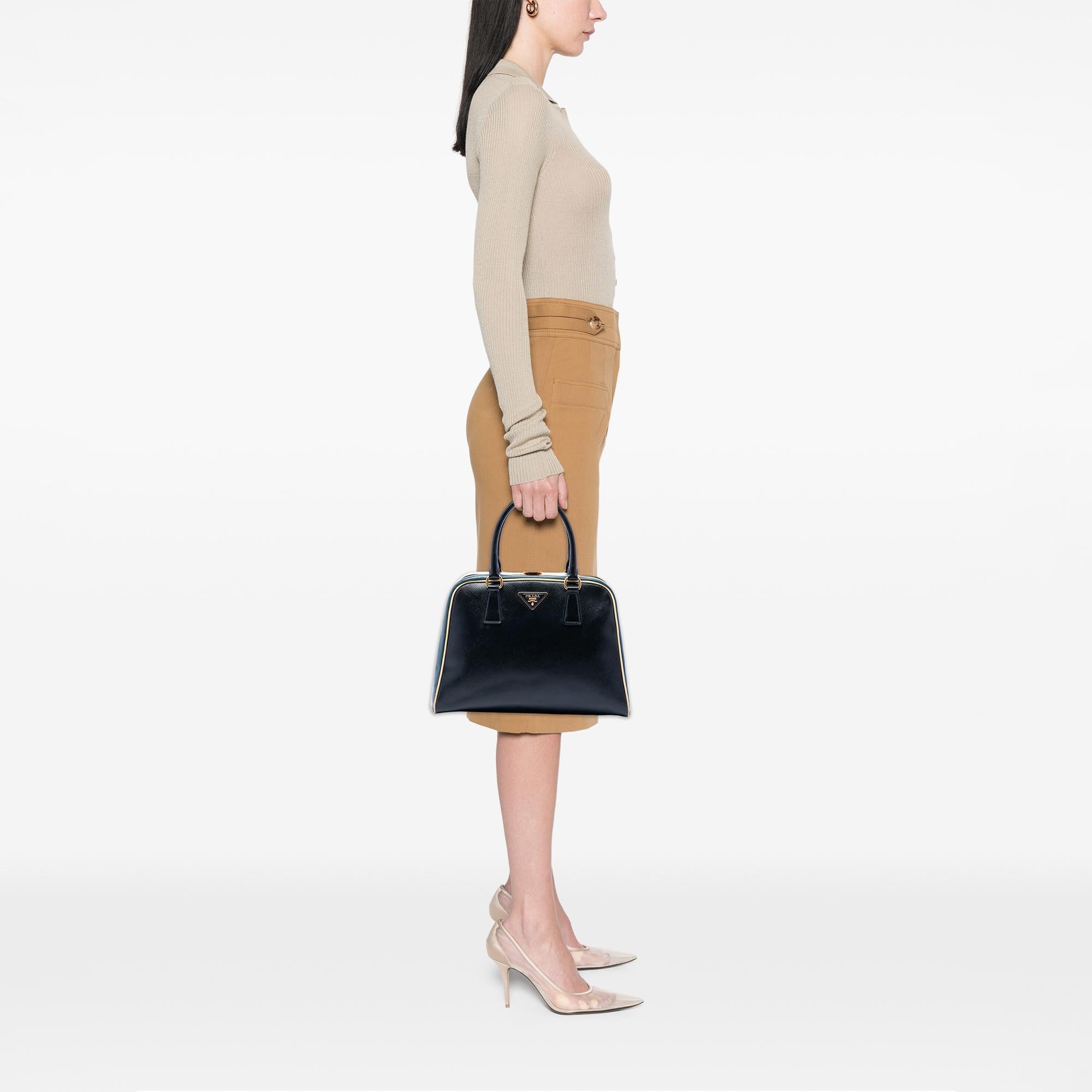 Prada Bicolor Saffiano Vernice Pyramid Frame Handbag