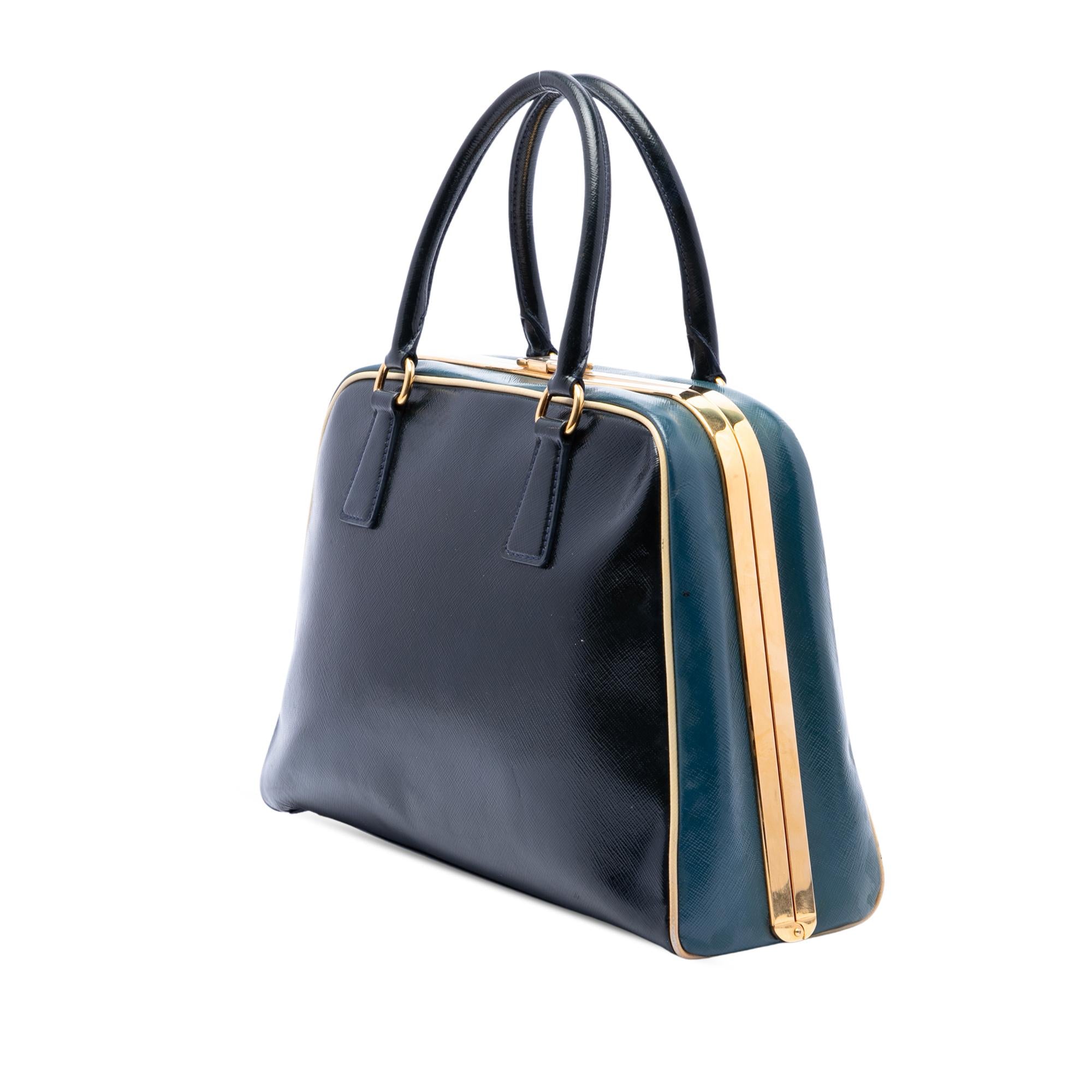 Prada Bicolor Saffiano Vernice Pyramid Frame Handbag