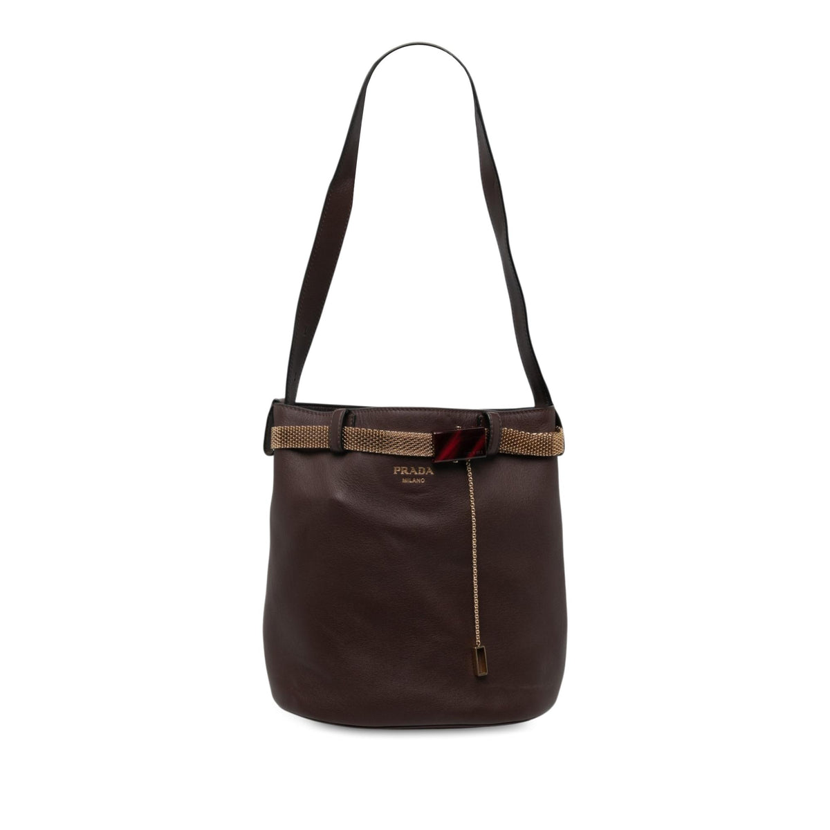 Prada Calfskin Jeweled Belted Bucket Bag