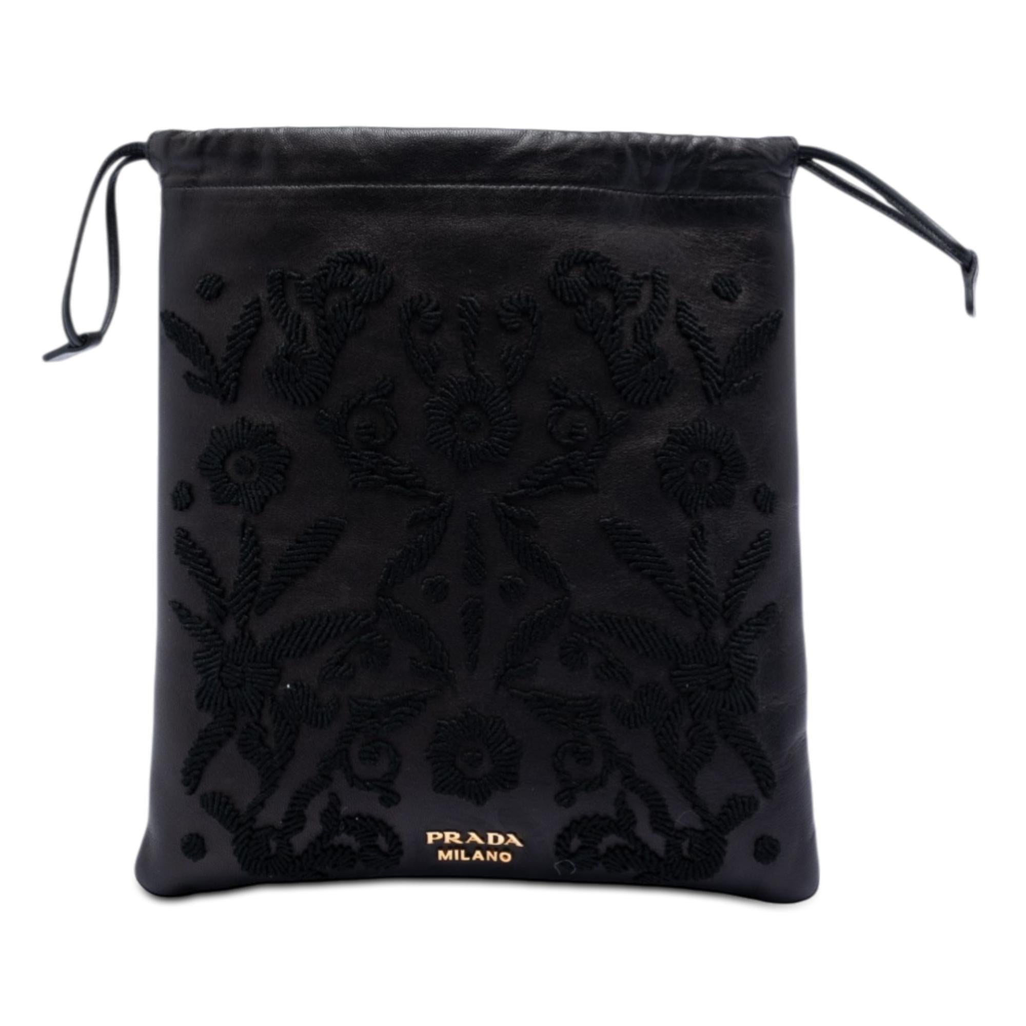 Prada Embroidered Leather Drawstring Pouch