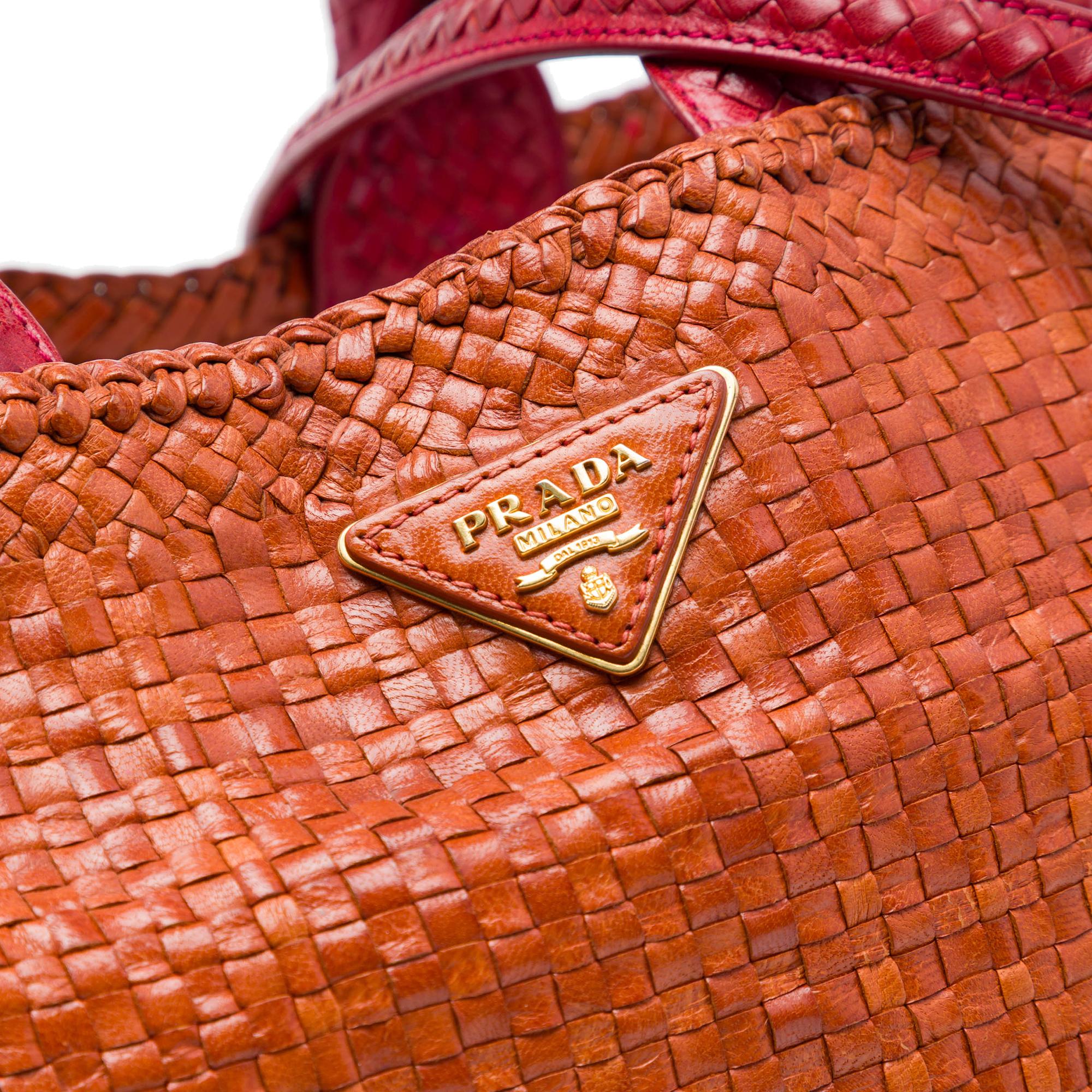 Prada Medium Bicolor Woven Goatskin Madras Shopping Tote