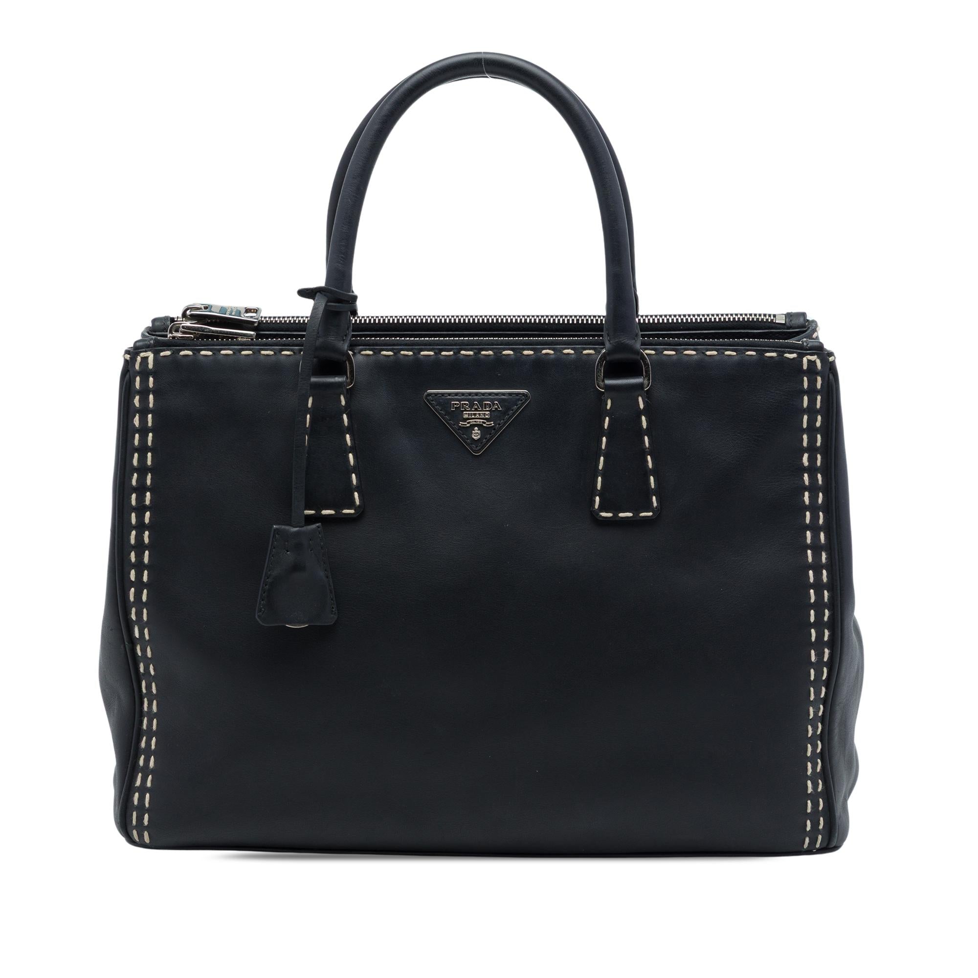 Prada Medium City Calf Hand Stitched Galleria Double Zip Satchel