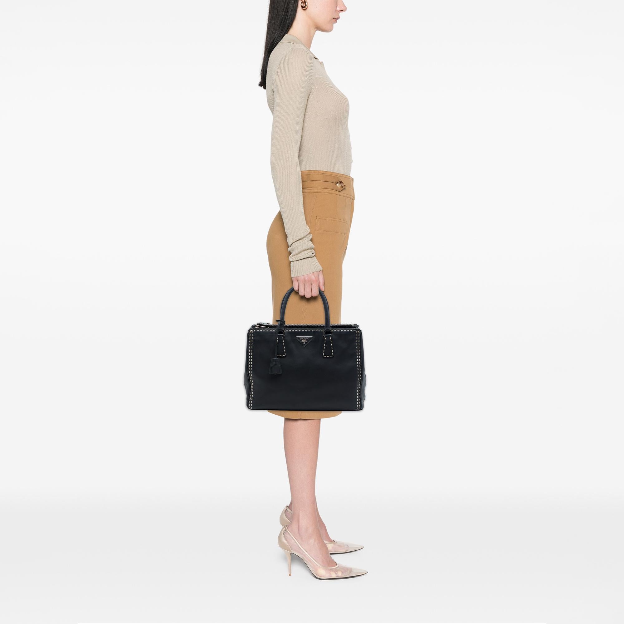Prada Medium City Calf Hand Stitched Galleria Double Zip Satchel