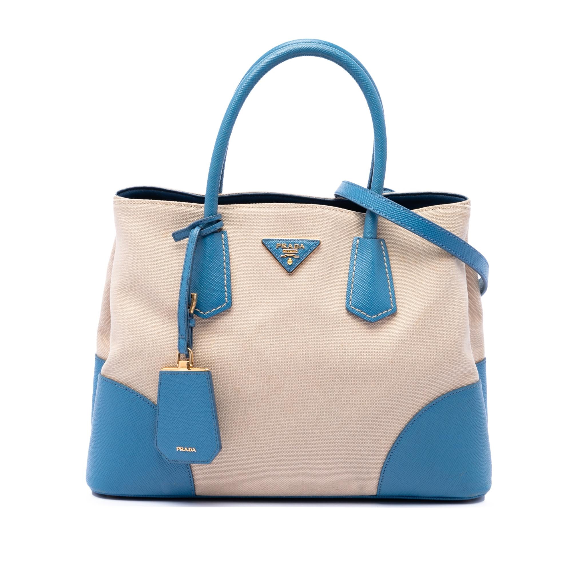 Prada Medium Saffiano Cuir Trimmed Canvas Double Satchel
