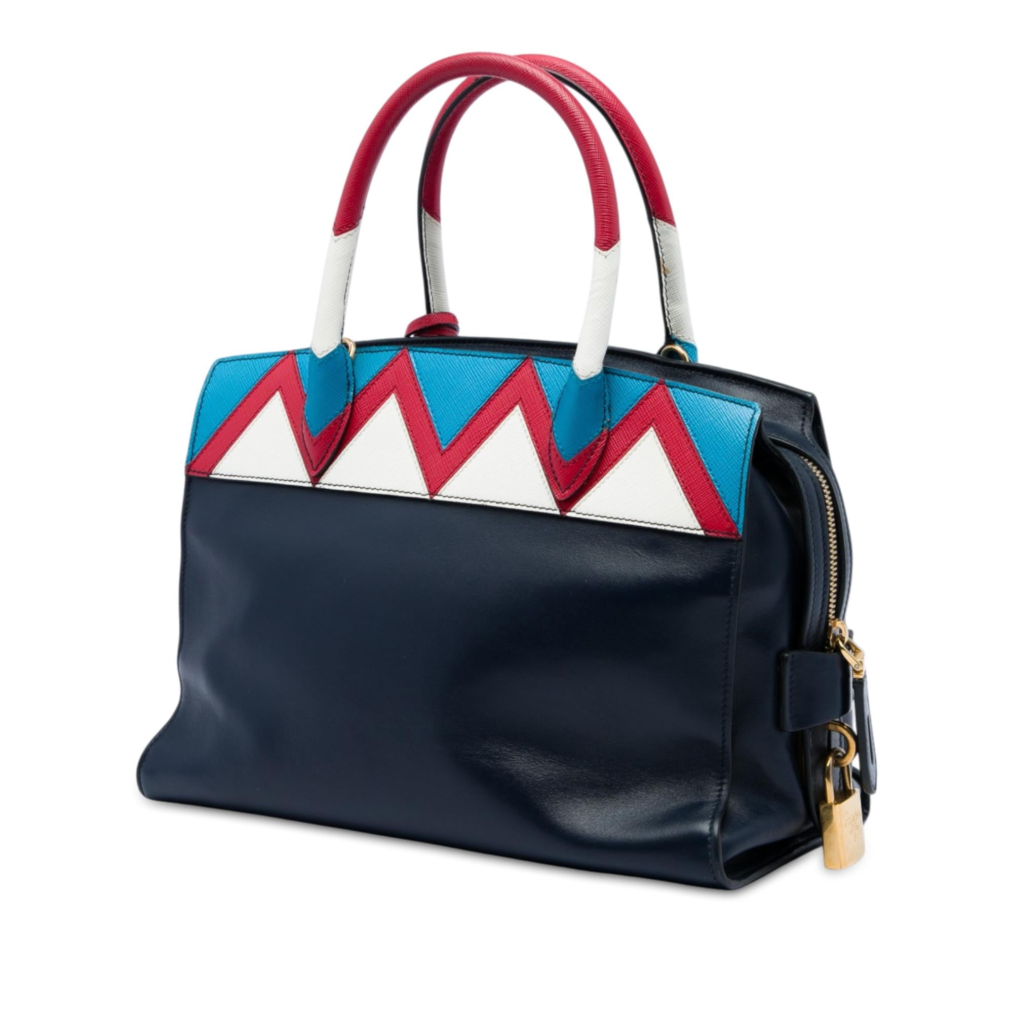 Prada Medium Saffiano Trimmed City Calf Greca Esplanade Satchel