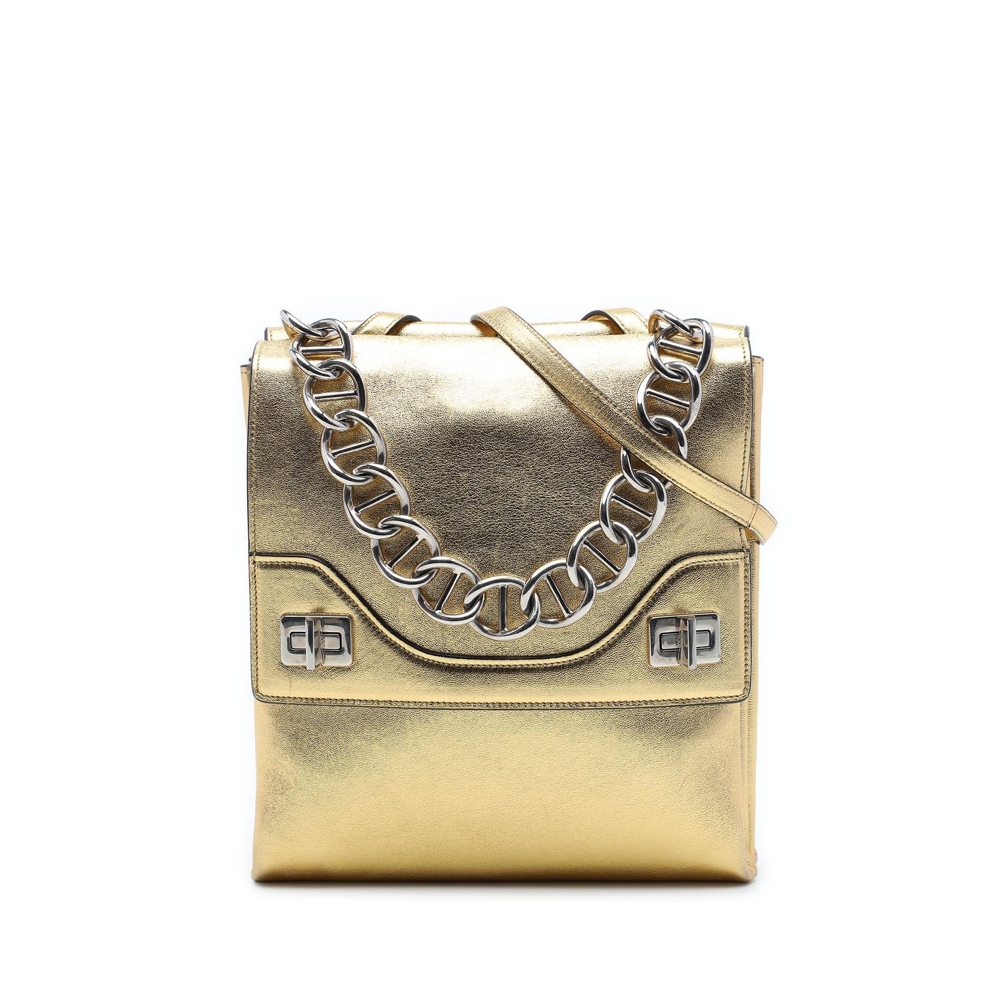 Prada Metallic Leather Double Flap Turn Lock Satchel