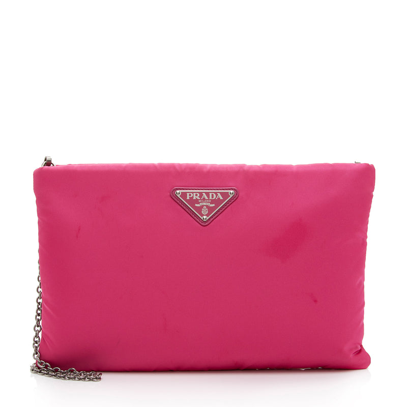 Prada Triangle-Logo On-Chain Clutch Bag Black in Nylon with Silver