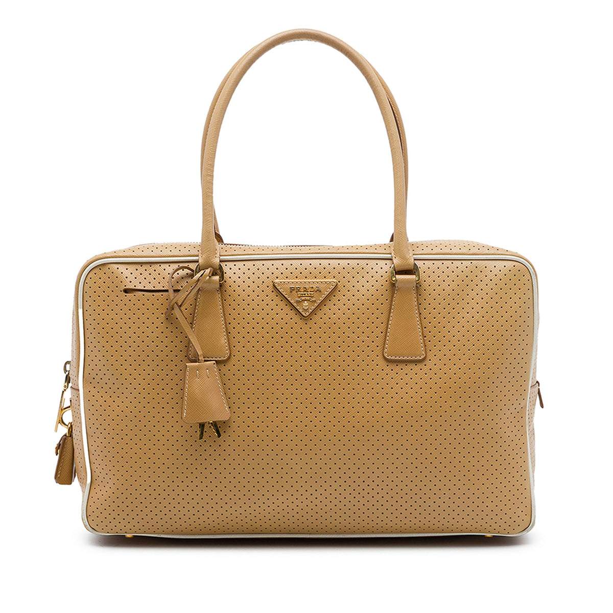 Prada Perforated Saffiano Lux Bauletto Top Handle Bag