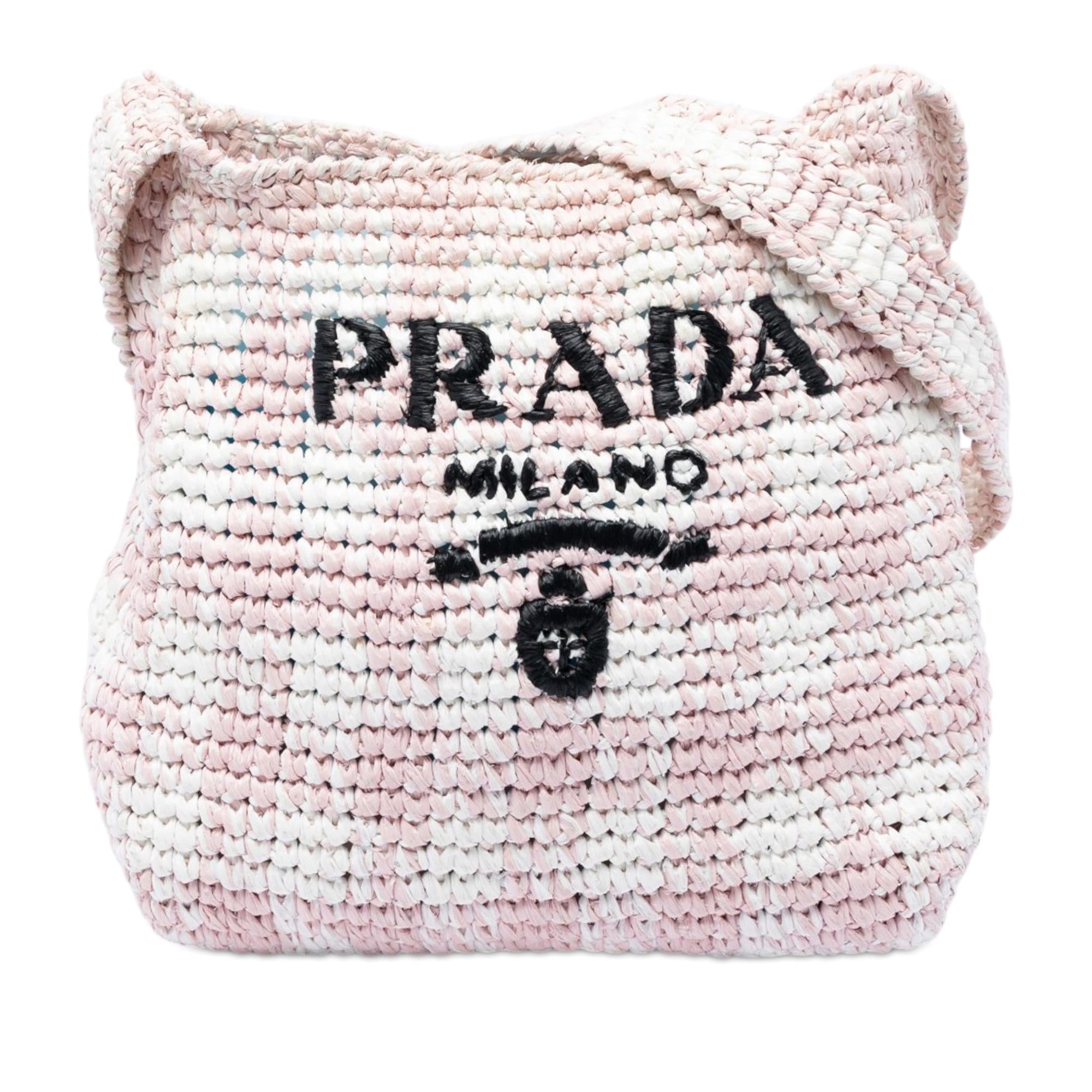 Prada Raffia Effect Crochet Embroidered Logo Crossbody