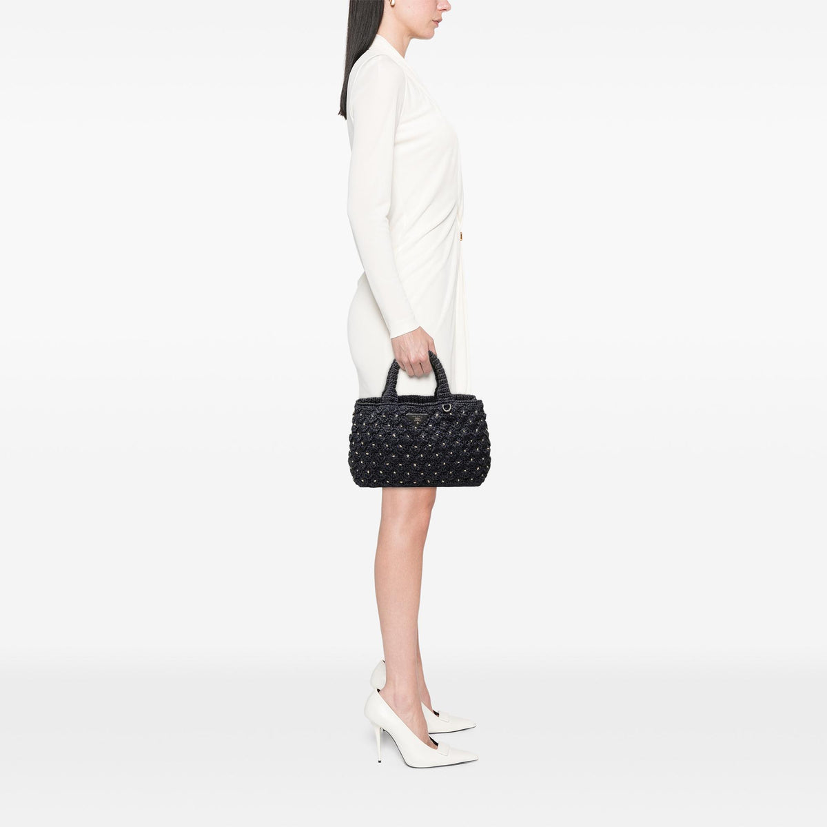 Prada Raffia Effect Crochet Pois Satchel