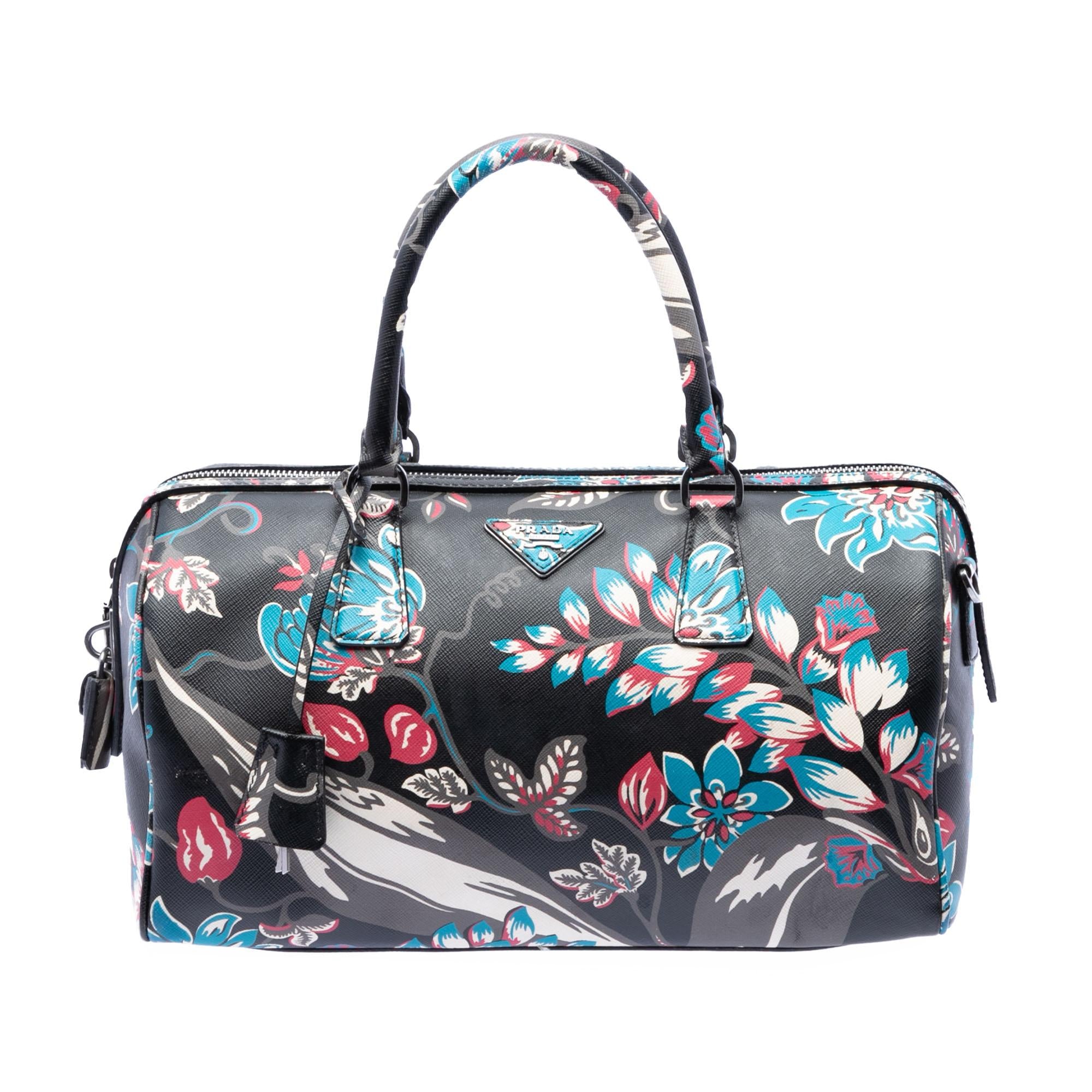 Prada Saffiano Lux Floral Print Boston Bag