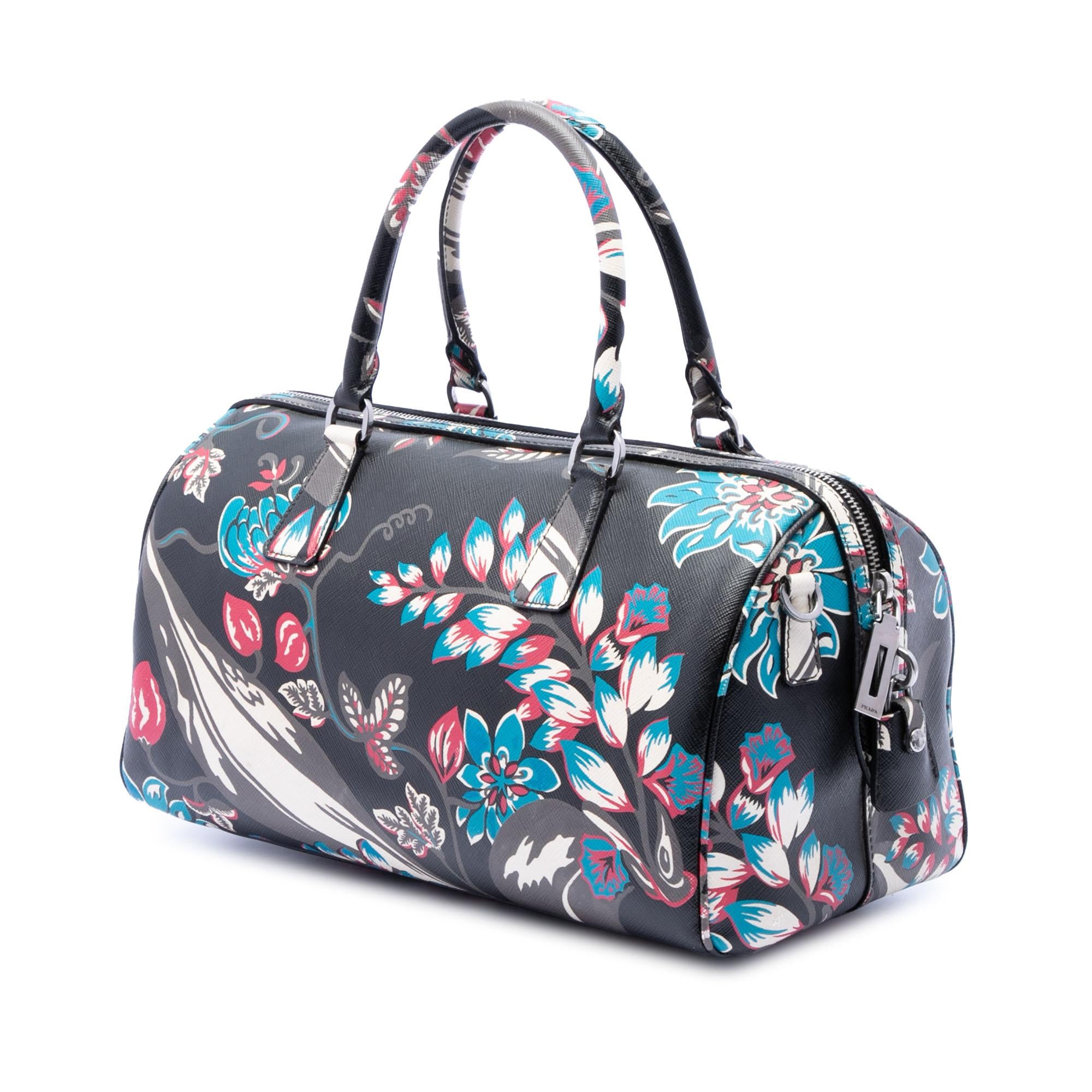 Prada Saffiano Lux Floral Print Boston Bag