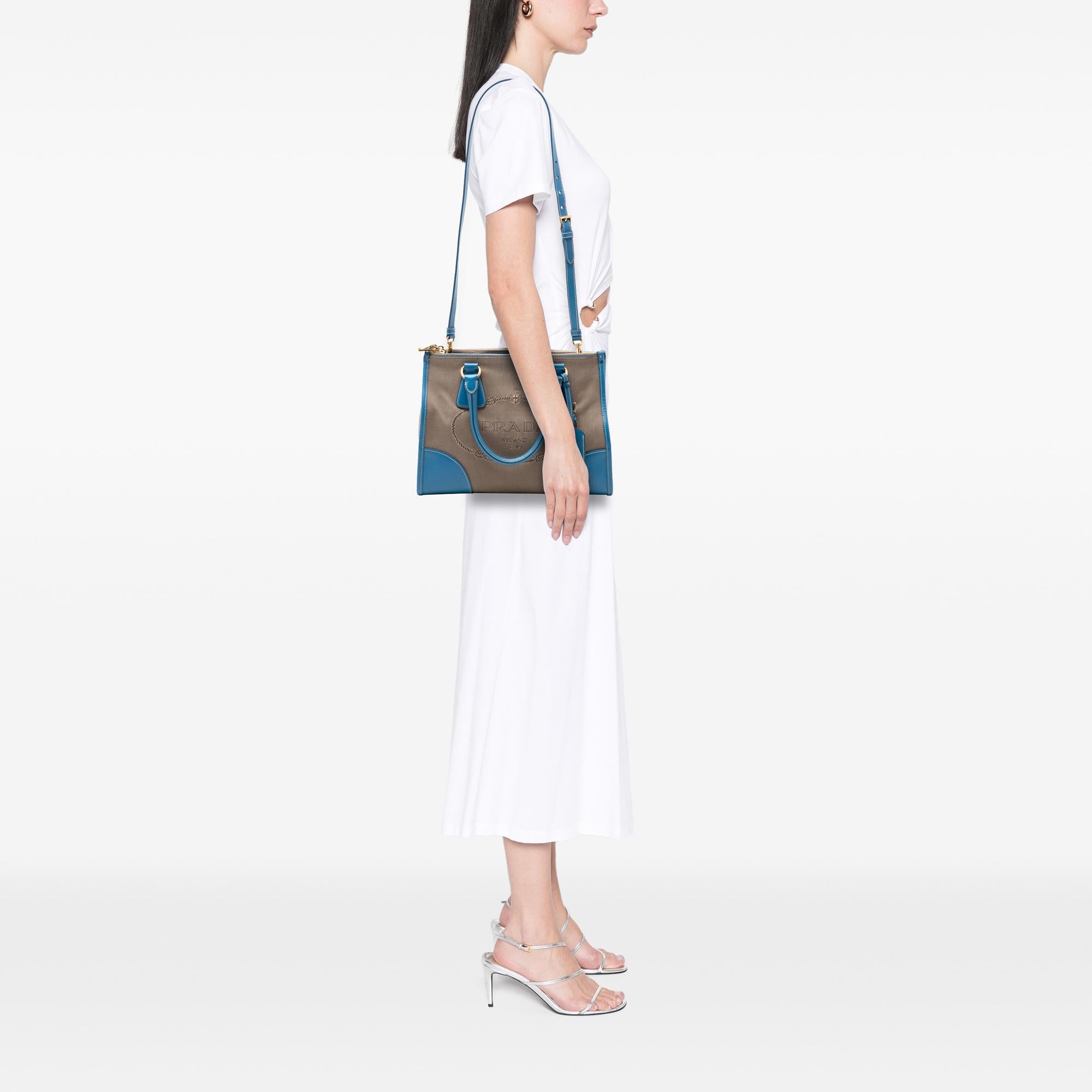 Prada Saffiano Trimmed Canvas Canapa Logo Double Zip Satchel