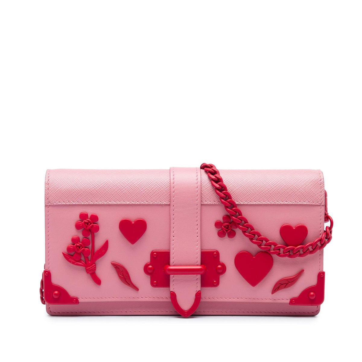 Prada Saffiano Trimmed City Calf Cahier Heart and Flower Wallet on Chain
