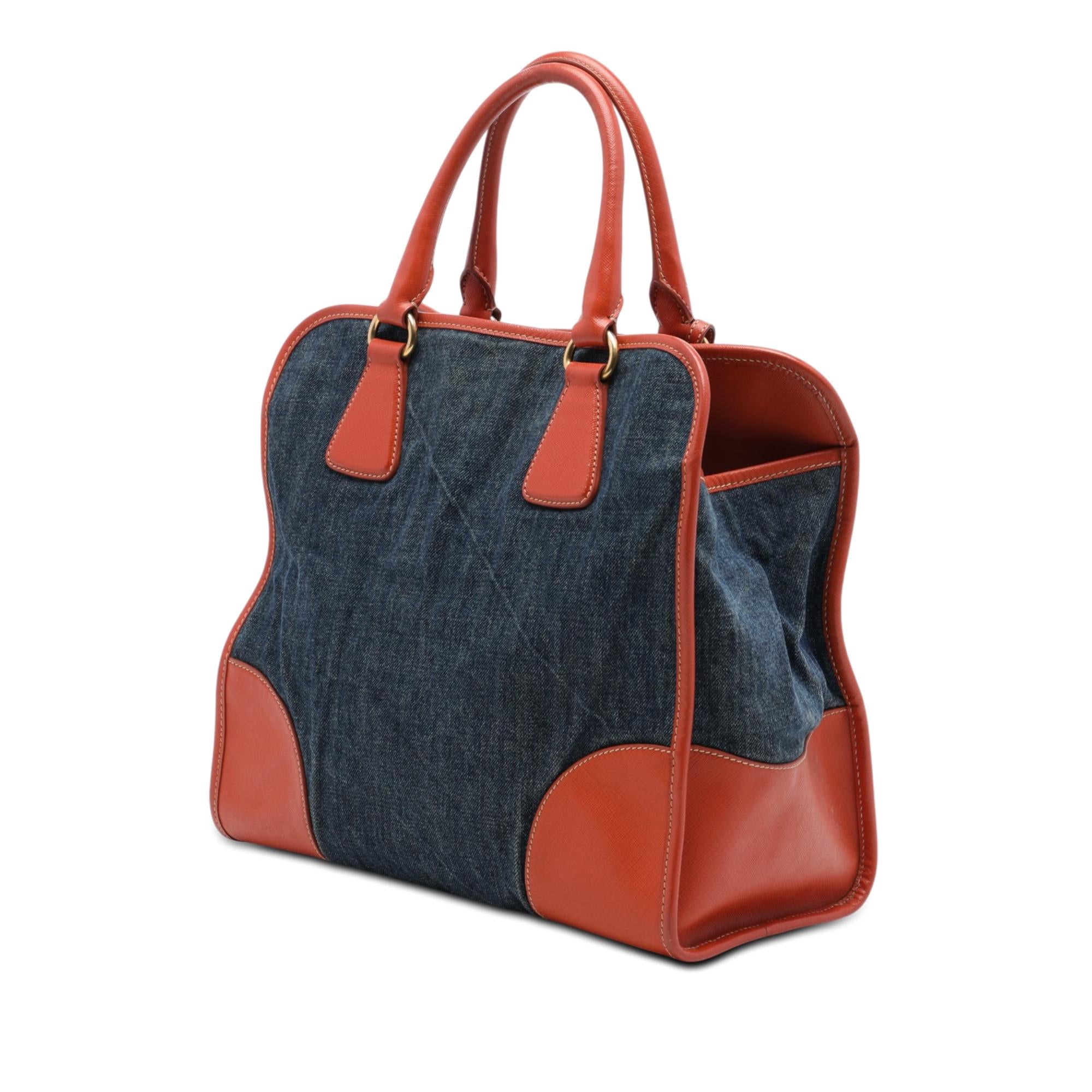 Prada Saffiano Trimmed Denim Open Convertible Tote