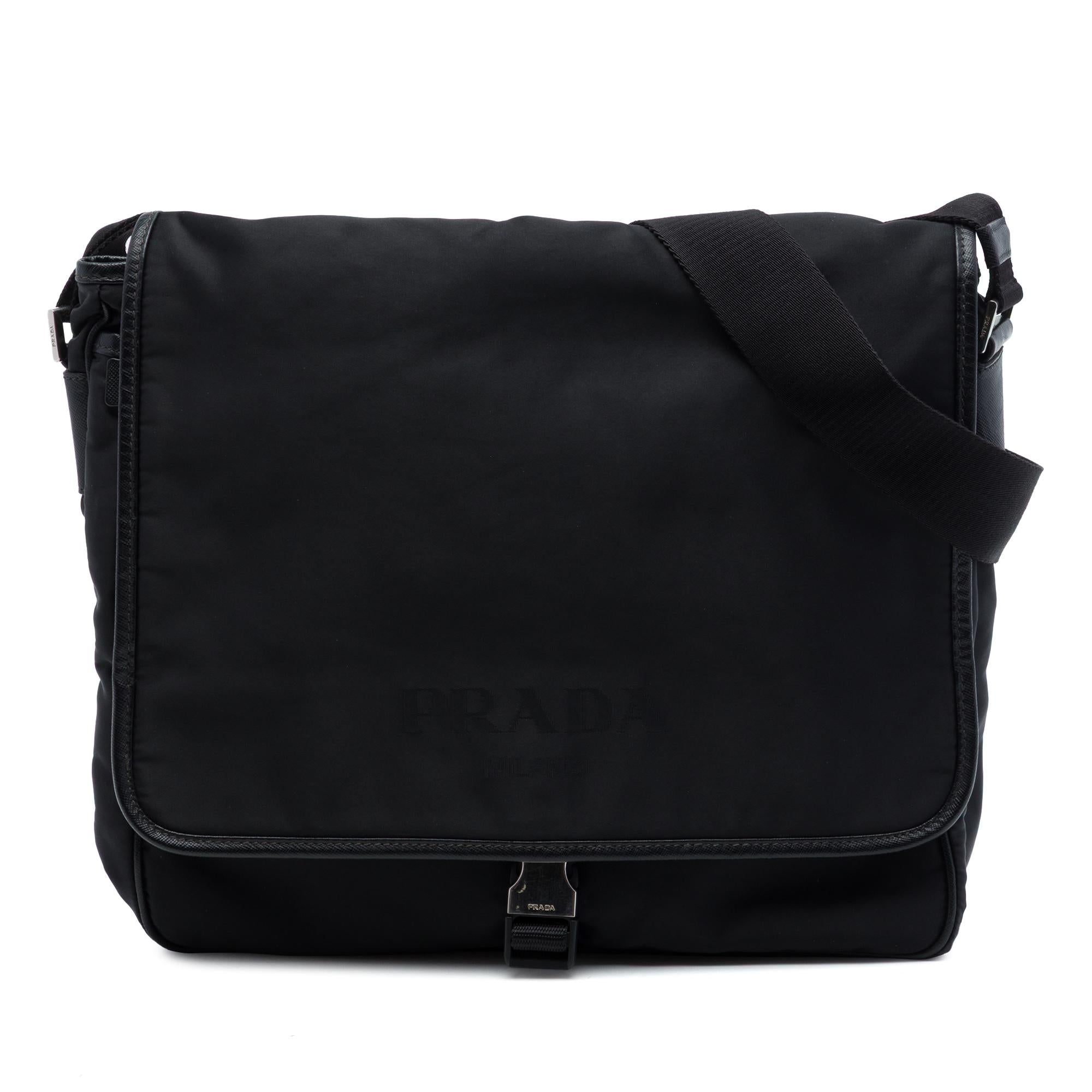 Prada Saffiano Trimmed Tessuto Buckle Messenger Bag