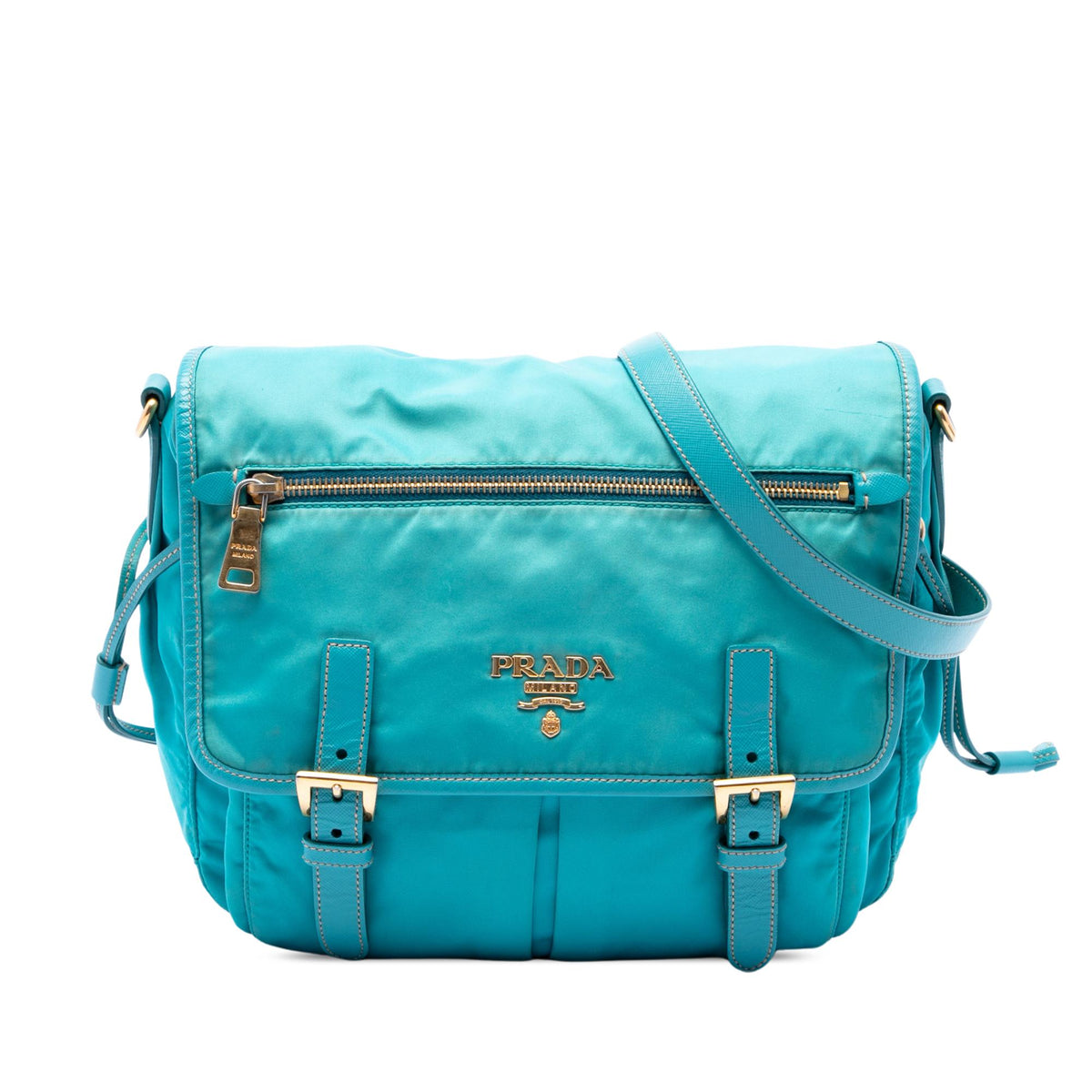 Prada Saffiano Trimmed Tessuto Zip Double Buckle Messenger Bag