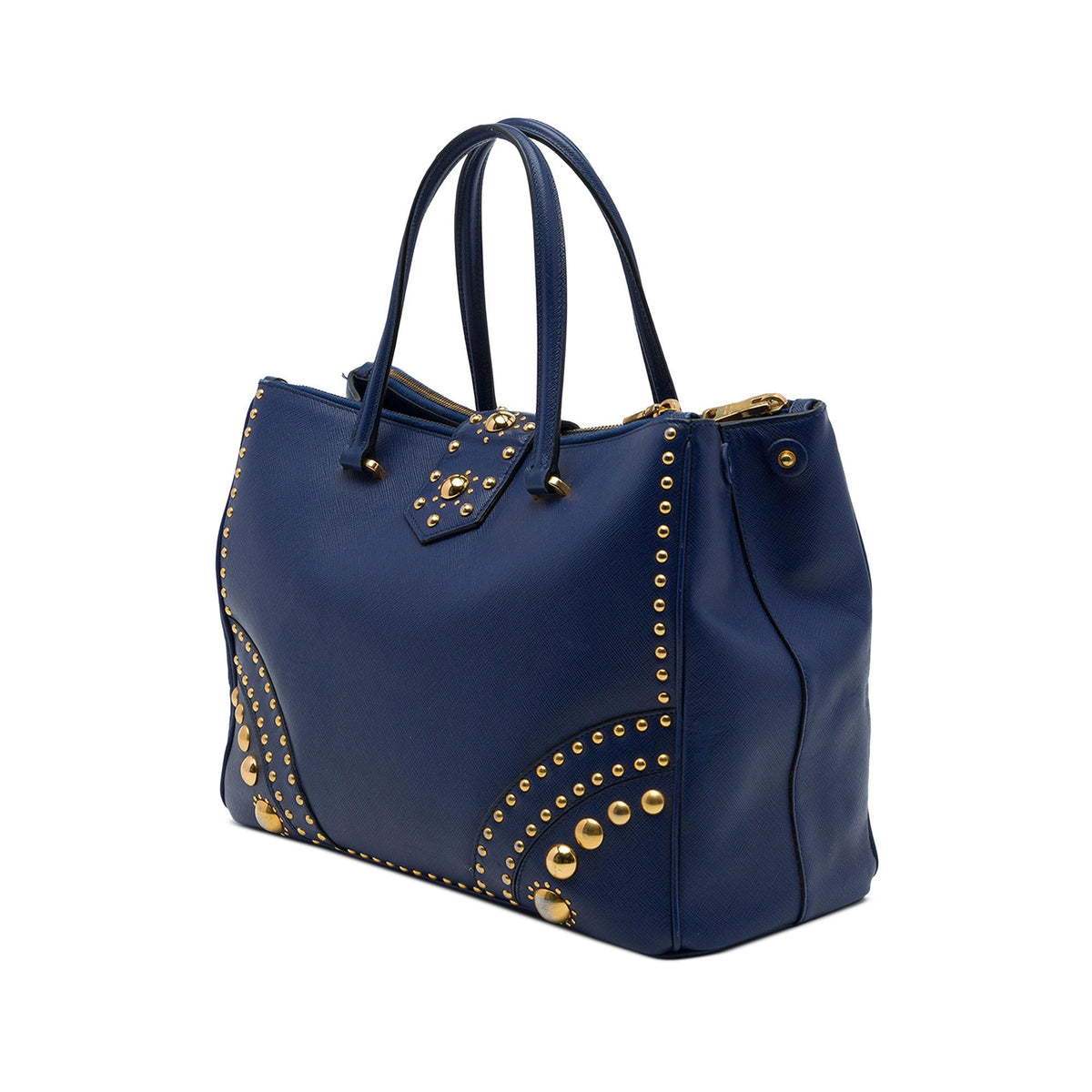 Prada Saffiano Turnlock Double Zip Studded Tote